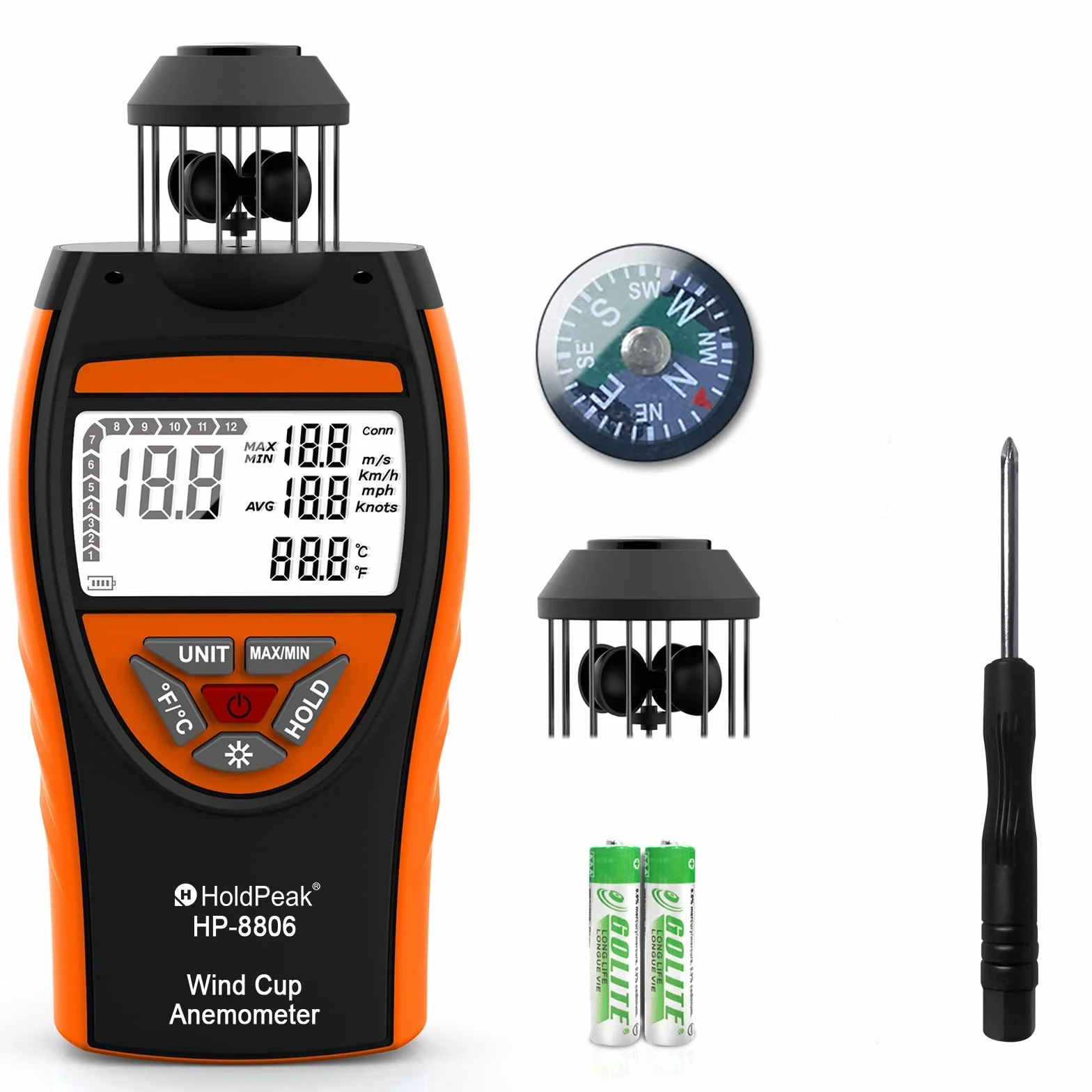 Anemómetro Digital de Mano, HoldPeak 8806 4 Wind Cup Anemómetro para Exterior, Velocidad del Viento de 0,7 a 42 m/s y temperatura (℃/℉) con Brújula, Anemometro Portatil para Tiro, Pesca, Kitesurf