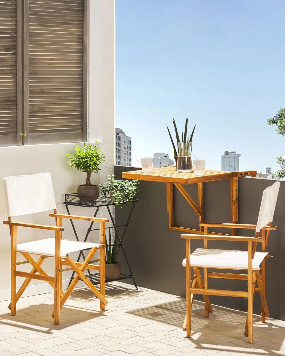 Beliani Conjunto de 2 sillas de jardín de Tela Blanco Crema Madera de Acacia Clara Plegable Director Cine