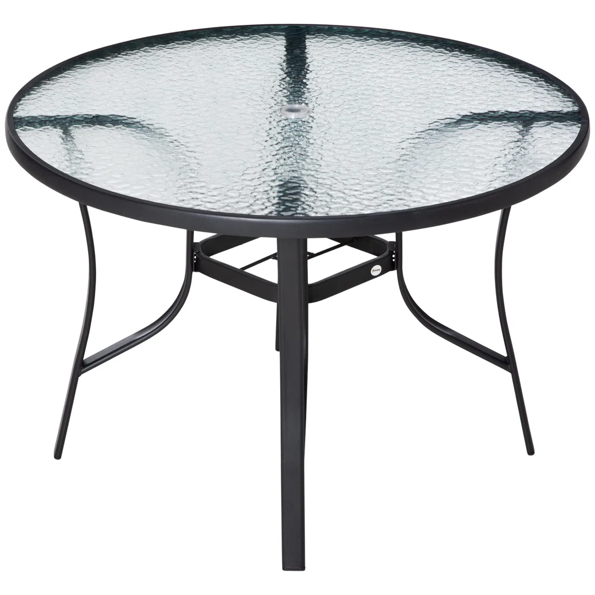 Outsunny Mesa de Cristal de Jardín con Agujero para Sombrilla Mesa para Comer Redonda con Marco de Acero para Exterior Terraza Balcón Ø106,5x71 cm Negro
