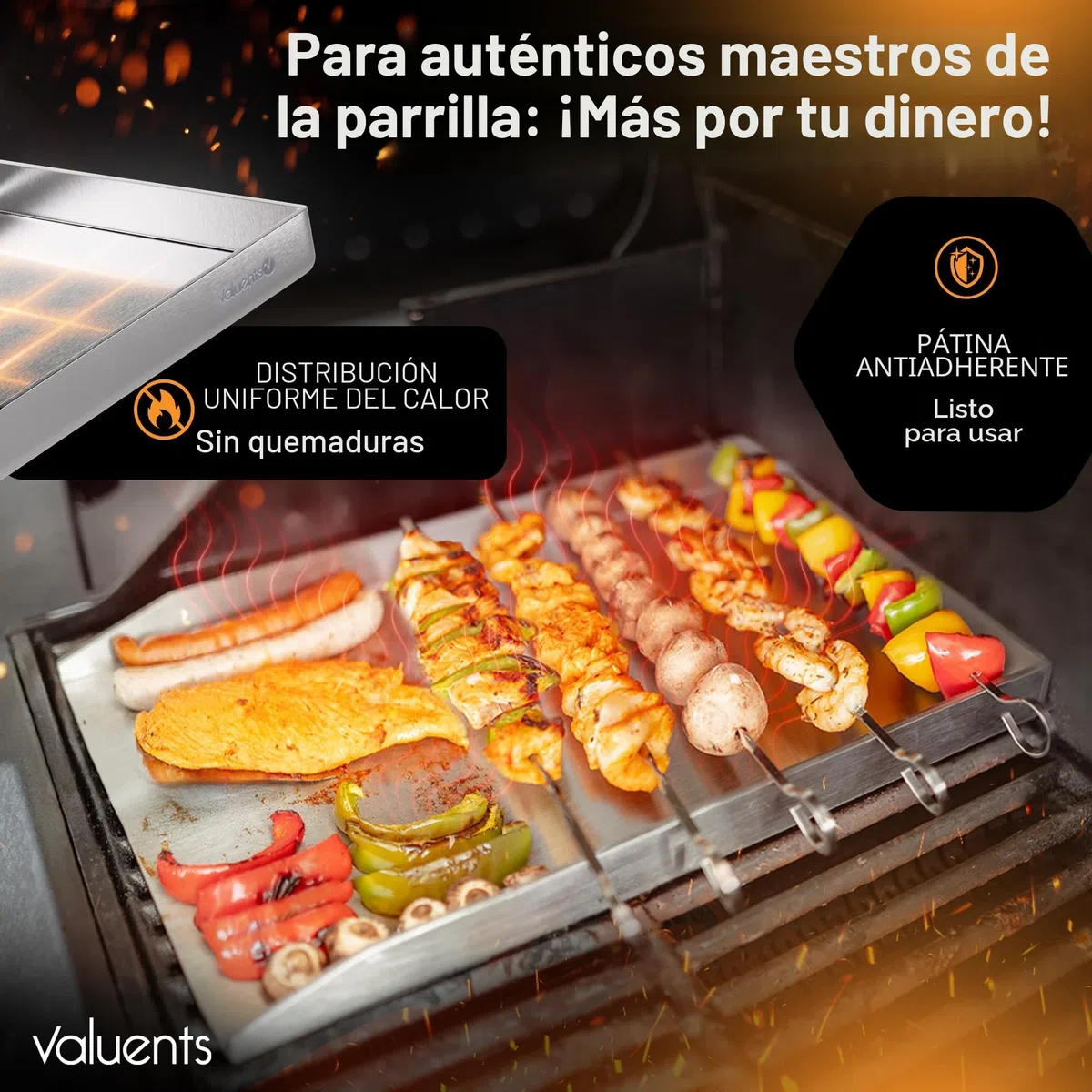 Plancha – Plancha Placa de Acero Inoxidable Grueso & Acero Inoxidable – 30 x 20 cm – Adecuado para barbacoa de gas y barbacoa de carbón + Plus: cepillo y espátula para barbacoa, GP-BBQ-300