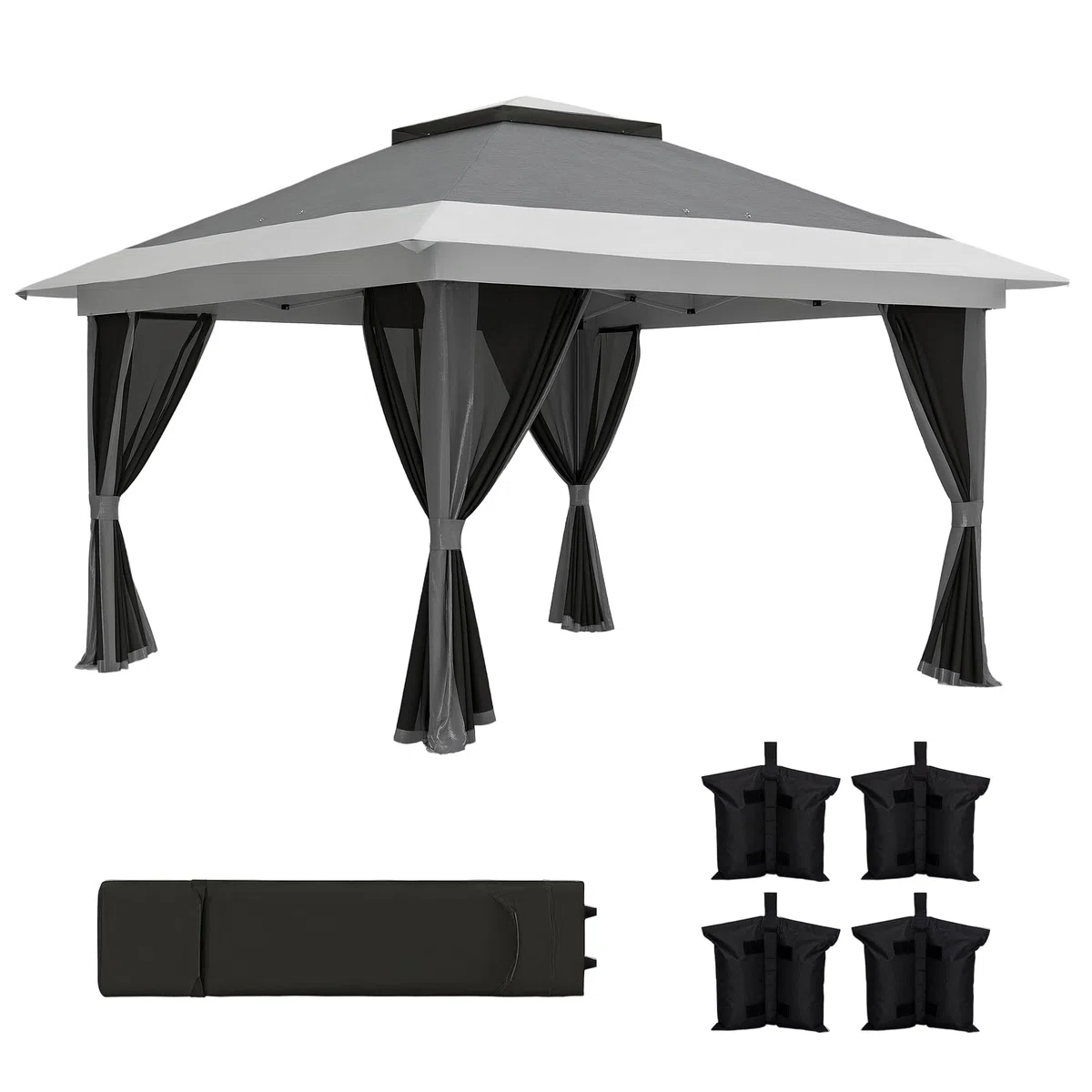 Outsunny Carpa Plegable Gazebo, 3,6x3,6 m, Cenador Plegable con 4 Paredes Laterales de Malla, Anti-UV, Altura Ajustable, Bolsa de Arena y Bolsa de Transporte, para Camping, Fiestas, Gris Oscuro