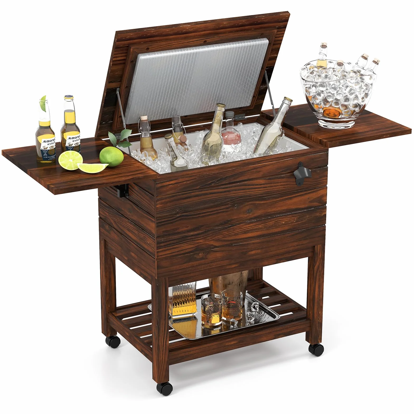 GYMAX Carrito Nevera Rodante de Madera, Enfriador Portátil 51L con 2 Mesas Plegables, Abrebotellas Integrado, Ruedas Bloqueables, para Patio, Piscina, Jardín, Barbacoa, Fiestas, Exterior, Camping
