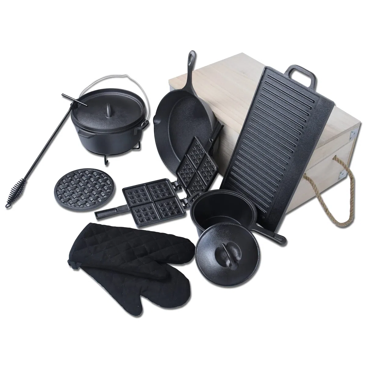 Froadp Set de Horno Holandés Dutch Oven Set Olla de Hierro Fundido Incluye Sartén Sartén para Hornear Cazuela Gancho de Mano etc Firepot Olla Parrilla para BBQ Interior Exterior Camping (10 Piezas)