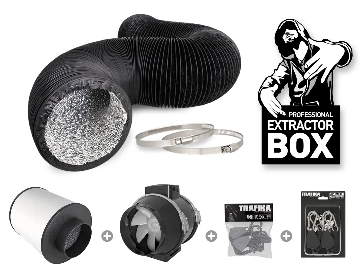 TRAFIKA Kit Extractor Cultivo 100mm/250m3h Filtro CARBÓN+Extractor DE Aire TT100 (2 velocidades)+5M COMBIDUCT+LIGHTHANGERS (5KG)+POLEAS (64KG) / Kit EXTRACCIÓN Cultivo/Extractor Aire Cultivo