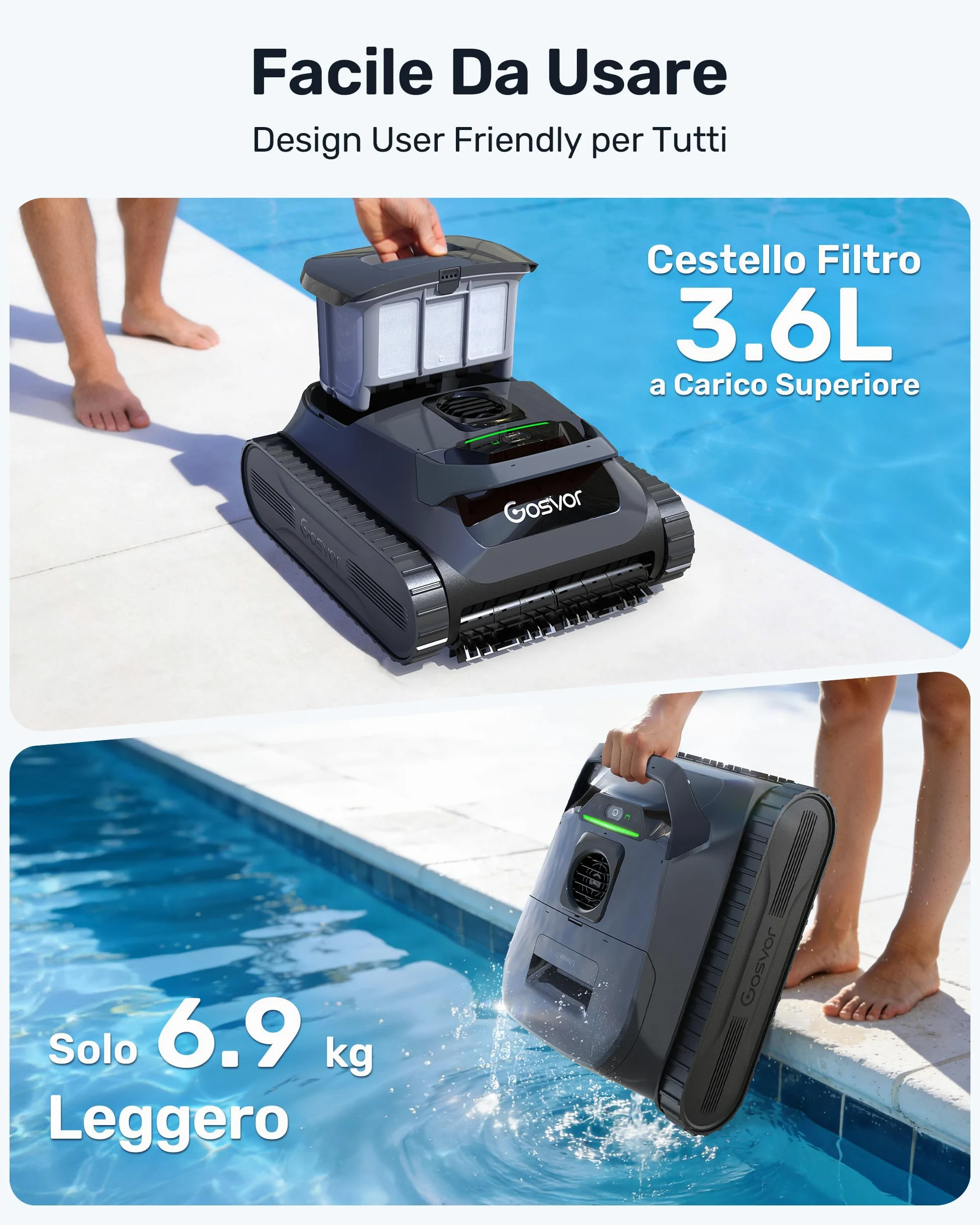 Gosvor (Nuevo 2026) LiteVac G1 Robot Limpiafondos Piscina,Paredes,Línea y Plataformas,7kg,200min Autonomía,Doble Filtración,Navegación Inteligente y App,200m²,Gris