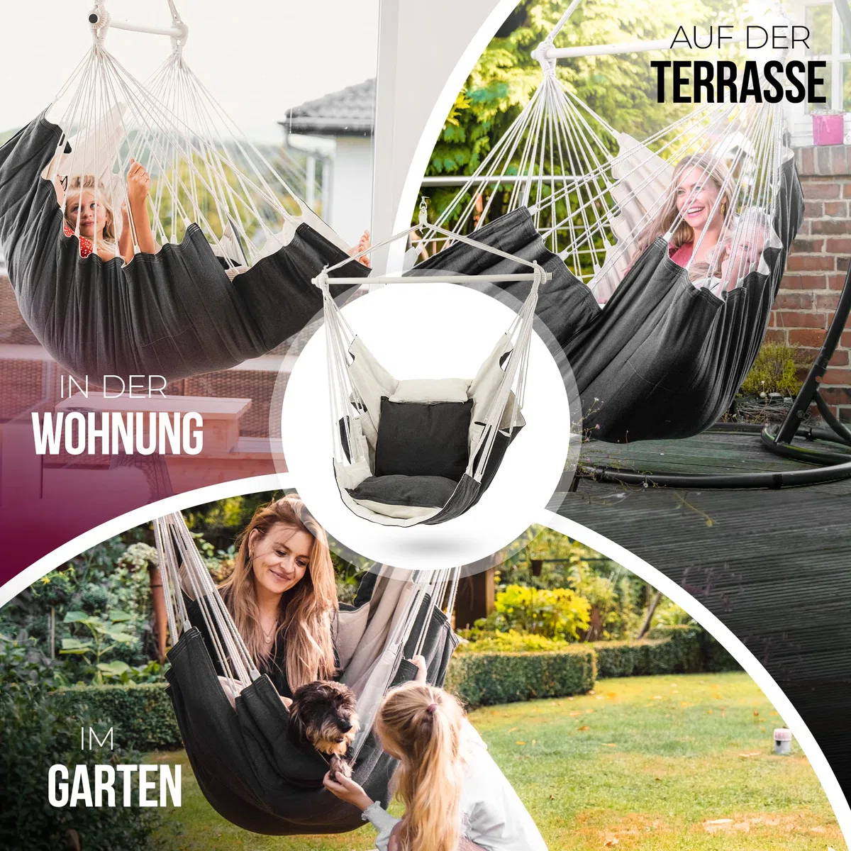HEIMLING Silla colgante de alta clase para exteriores e interiores XXL [todo incluido paquete con suspensión + 3 cojines] Silla colgante para niños y adultos hasta 150 kg, balcón, terraza