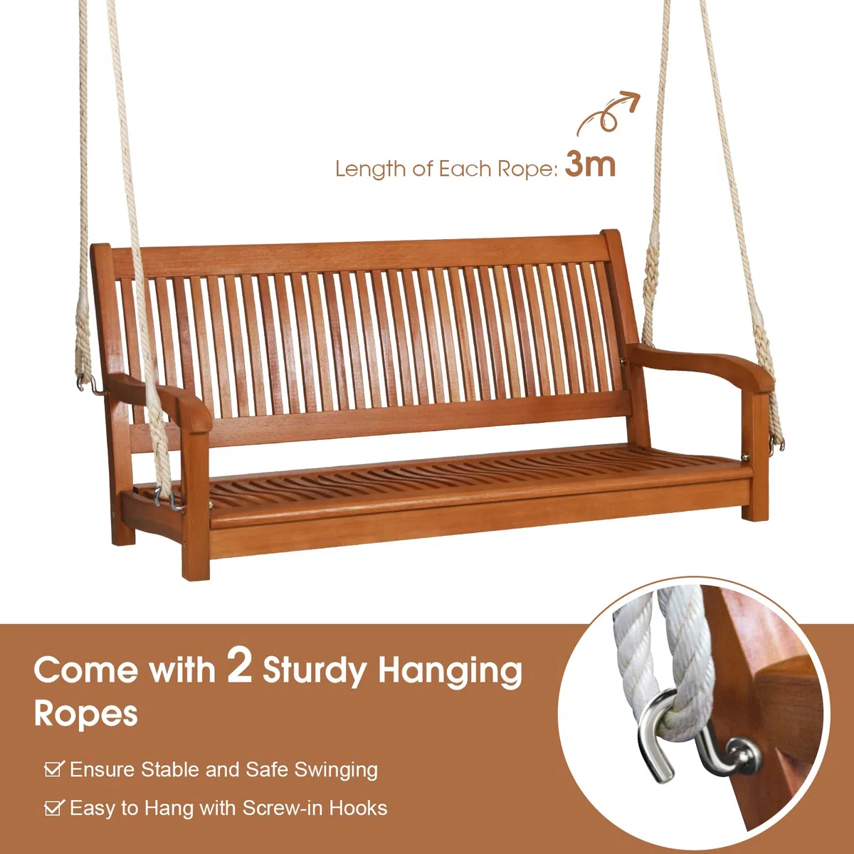 GIANTEX Columpio para Exteriores de 2 Plazas, Soporta hasta 360 kg, Columpio de Madera para Colgar de Jardín, para Balcón, Porche, Terraza