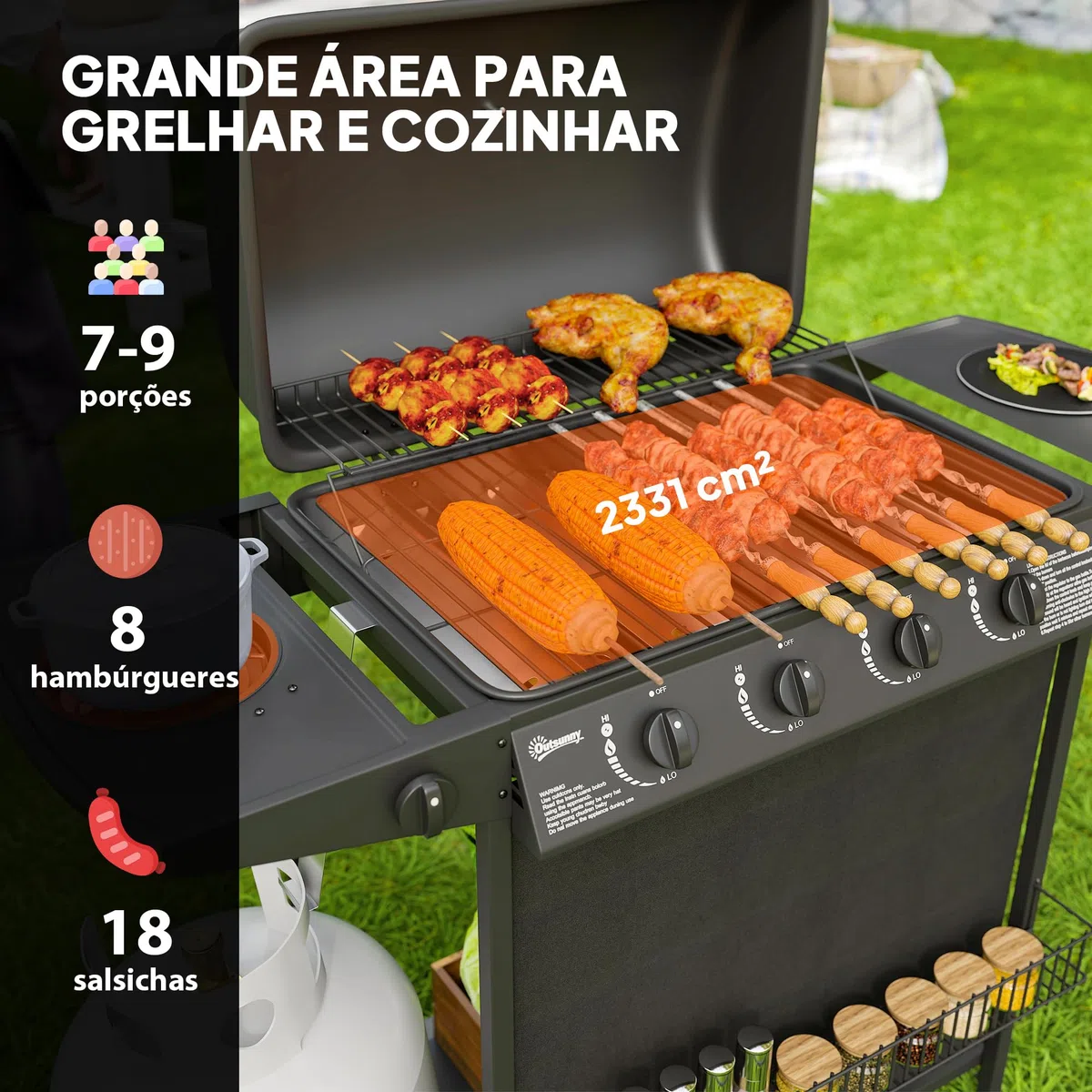 Outsunny Barbacoa de Gas BBQ Gas con 4+1 Quemadores 12 kW Barbacoa Portátil con Estante Especiero Termómetro Mesa Lateral 2 Ruedas Parrilla Recogedor de Grasa para Exterior Jardín Camping Negro