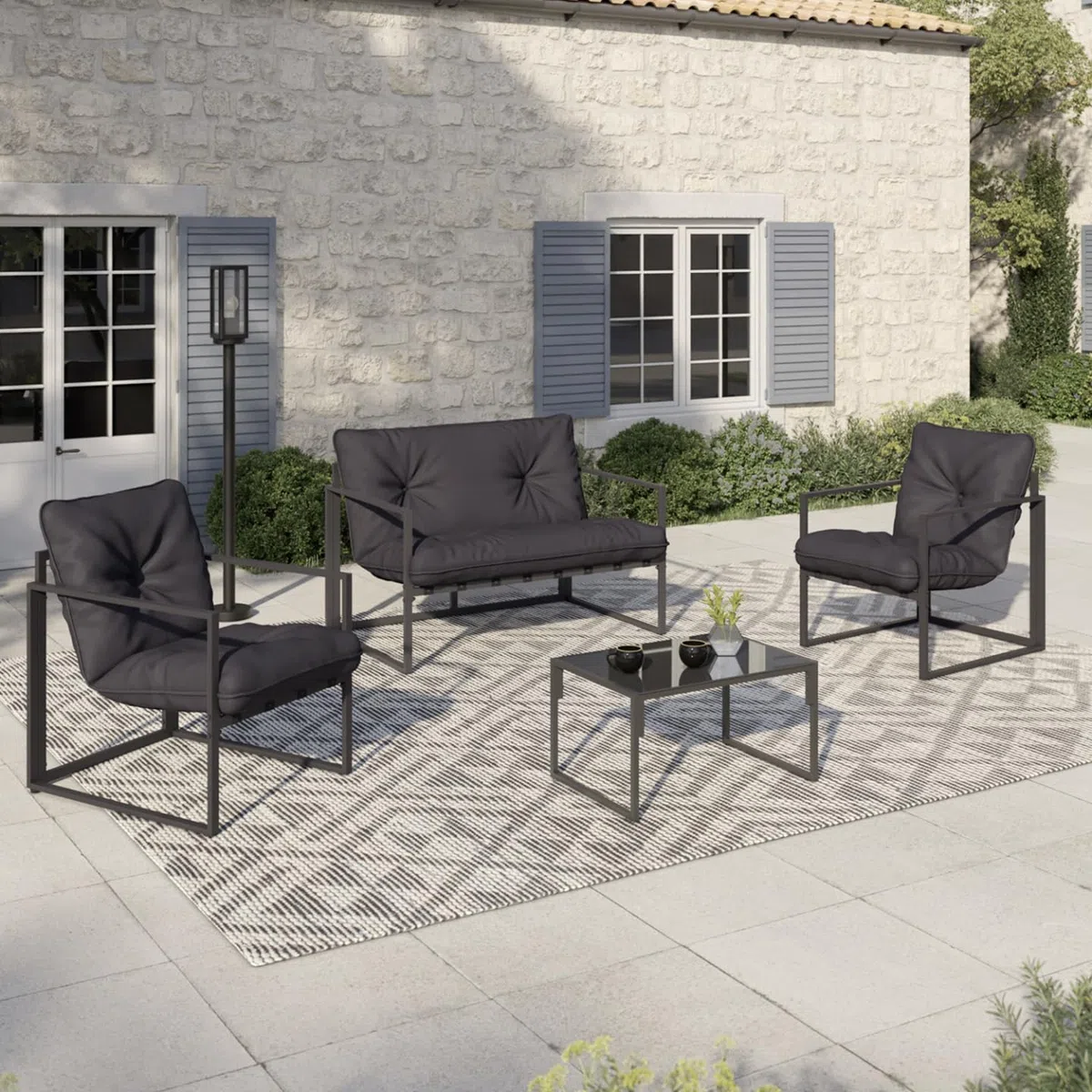 IDMarket - Salón de jardín bajo Nairobi 4 plazas de acero gris antracita