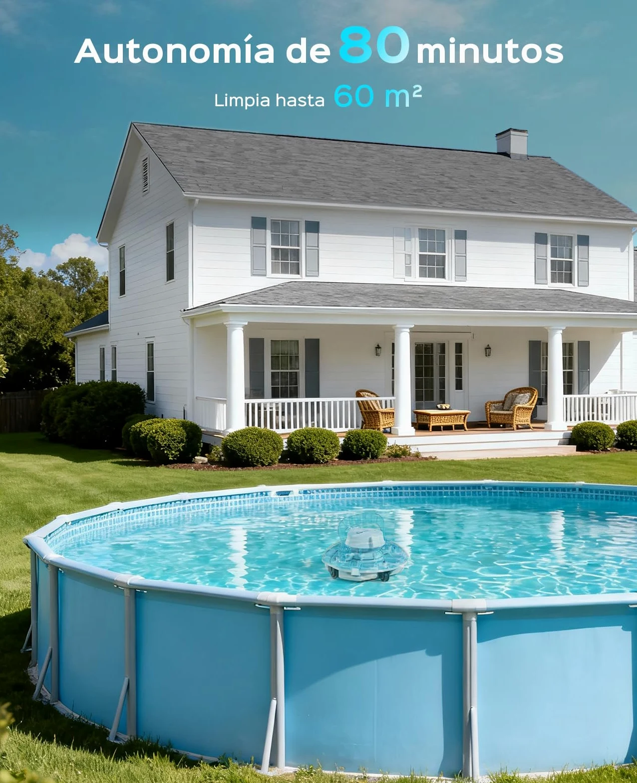 WINNY POOL CLEANER Winny 200P Limpiafondos Piscina, Inalámbrico Robot Limpiafondos Piscina, 80Min Autonomía, Piscinas Desmontables 60m², Doble Filtración,Estacionamiento Auto(Azul-Blanco)