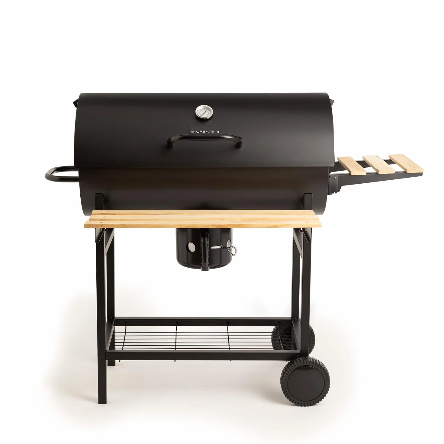 CREATE/BBQ SMOKEY/Barbacoa ahumadora de carbón con ruedas negro/De acero inoxidable, parrilla superior, control de temperatura, bandeja frontral y lateral, fácil de transportar