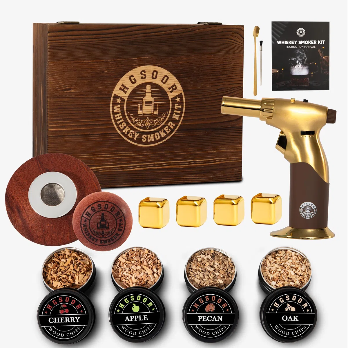 Kit de ahumador de whisky, kit de ahumador de bebidas antiguas, kit de ahumador de cóctel con linterna, 4 sabores de chips de madera y piedras de whisky, kit de ahumador de bourbon, regalos de