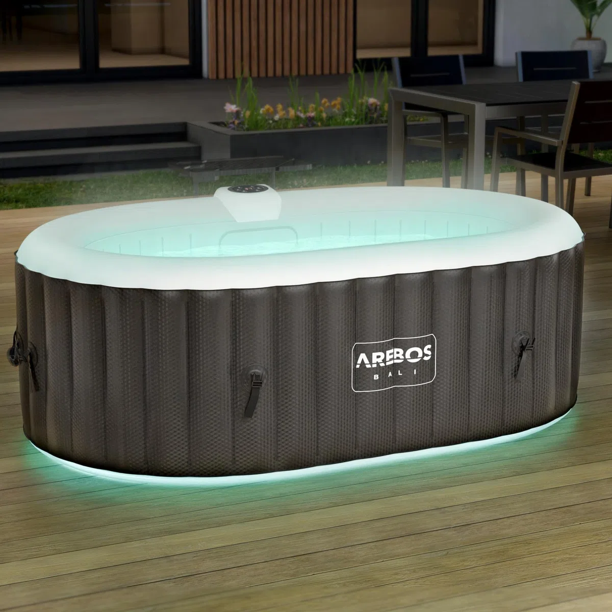 Arebos Bañera de hidromasaje con iluminación LED | SPA Hinchable | Interior y Exterior | 190x120 cm Ovalada | 2 Personas | 90 chorros de Masaje | con calefacción | 550 litros | Incl. Cubierta