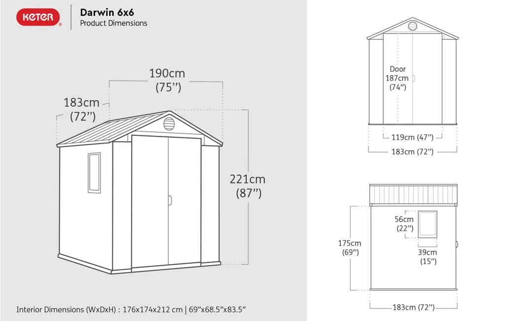 Keter Darwin Caseta de Jardín Exterior Gris, 190x183x221. 3,3m2, Efecto Madera, Resistente a UV, con Ventilación (6x6)