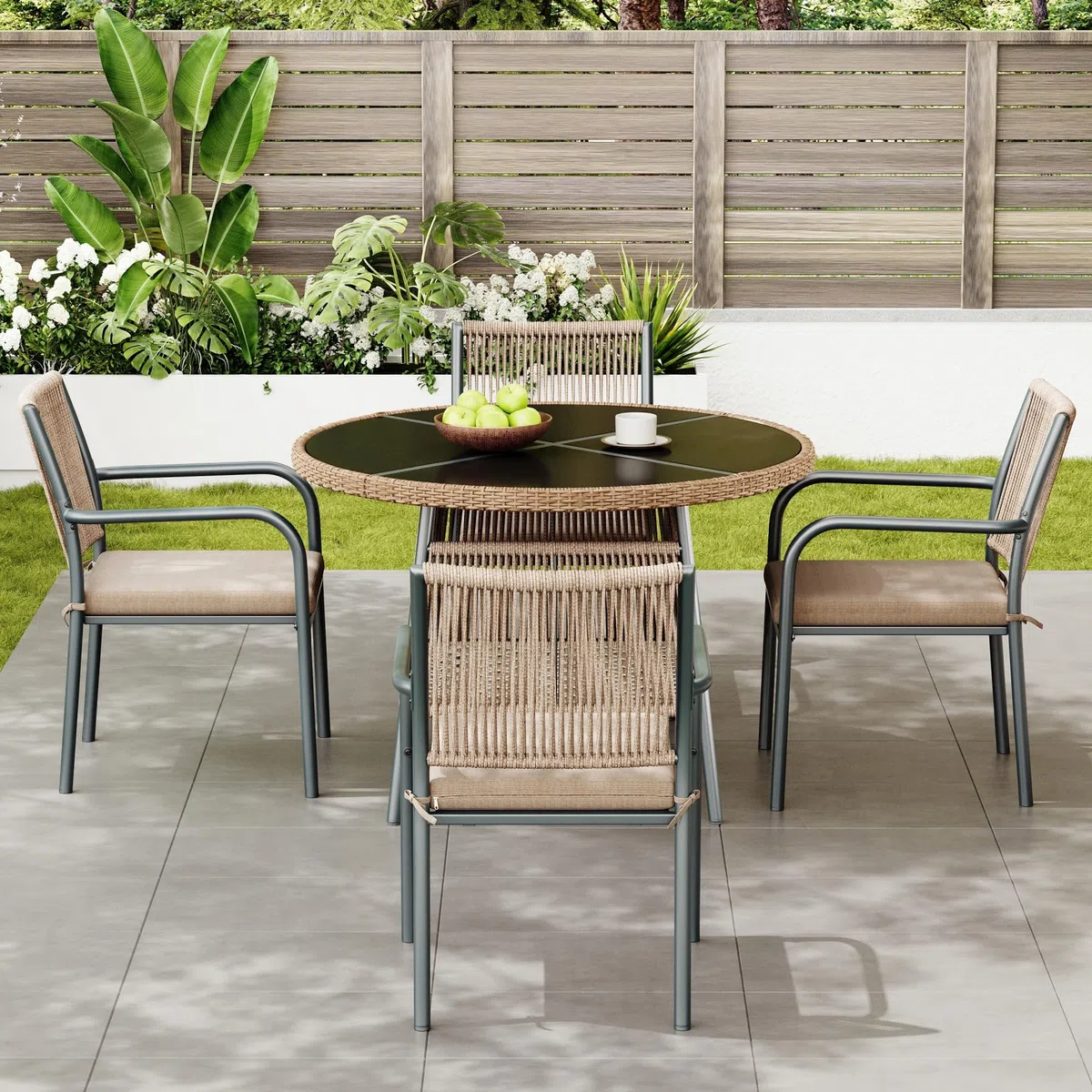 Conjunto Mesa y Sillas Jardín Ratán PE 5 Piezas, Conjunto Jardin Exterior con 1 Mesa de Comedor Redonda y 4 Sillones, Mesa y Sillas Terraza Exterior con Cojines, Marco Metálico, Gris