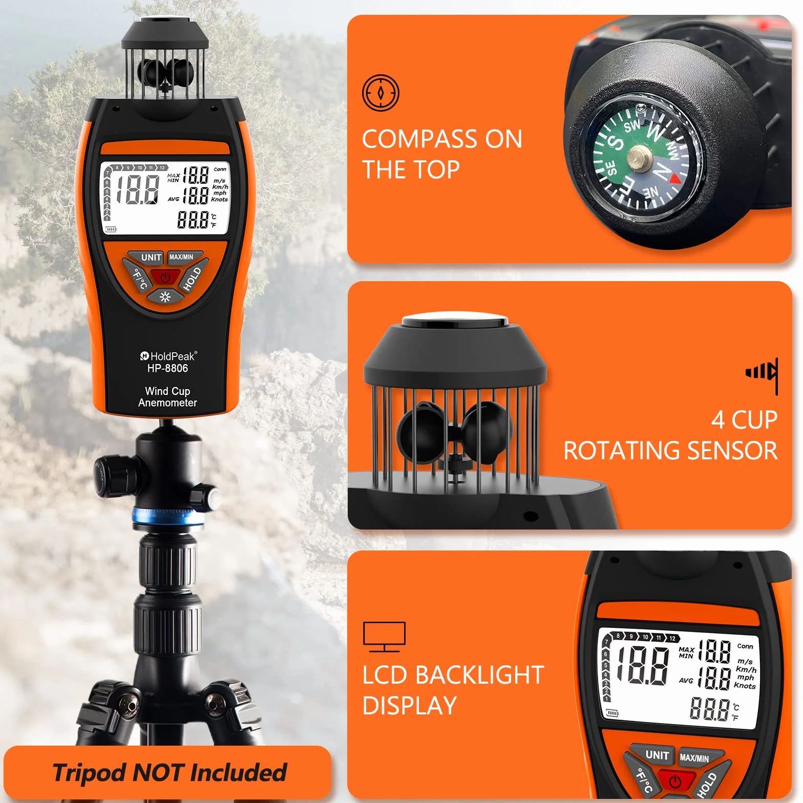 Anemómetro Digital de Mano, HoldPeak 8806 4 Wind Cup Anemómetro para Exterior, Velocidad del Viento de 0,7 a 42 m/s y temperatura (℃/℉) con Brújula, Anemometro Portatil para Tiro, Pesca, Kitesurf