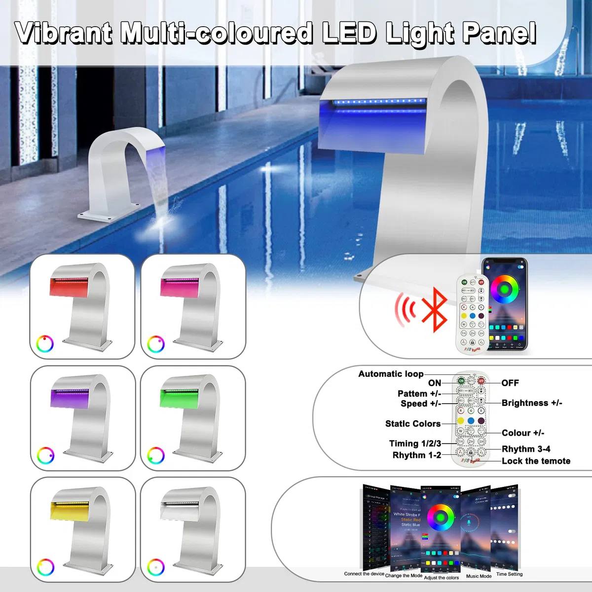 LONGRUN Aliviadero de la Cascada Acero Inoxidable Fuente de Piscina en Forma de S, Luz LED Colorida controlada por RF y App Cascadas de estanques para jardín al Aire Libre Koi Pond-15x32x20cm