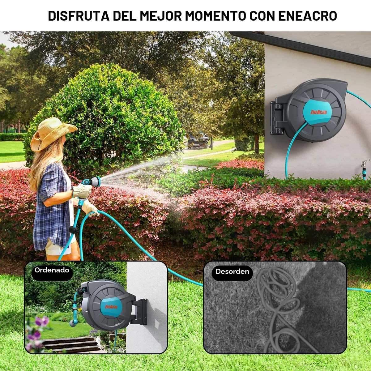 ENEACRO Enrollador Manguera Jardin de 35+2 m | Cartucho de manguera de pared con pistola pulverizadora de 10 funciones y función de enrollado automático, Garden Hose Reel