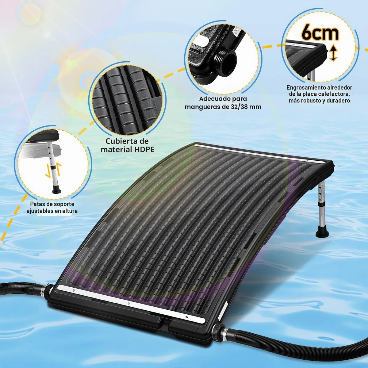 Calentador solar de piscina, colector solar 110 x 65 x 35 cm ajustable en altura, calentador solar de piscina 10000 L/H, conexión de 38 mm ampliable, para agua caliente de ducha de jardín