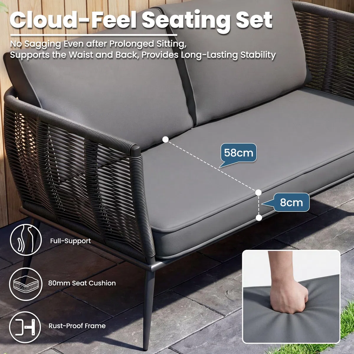 LIFERUN Sofá de ratán de 2 plazas, muebles de balcón, color negro, sofá, pequeño balcón, jardín de invierno, terraza, muebles de exterior e interior, banco de jardín resistente a la intemperie, banco