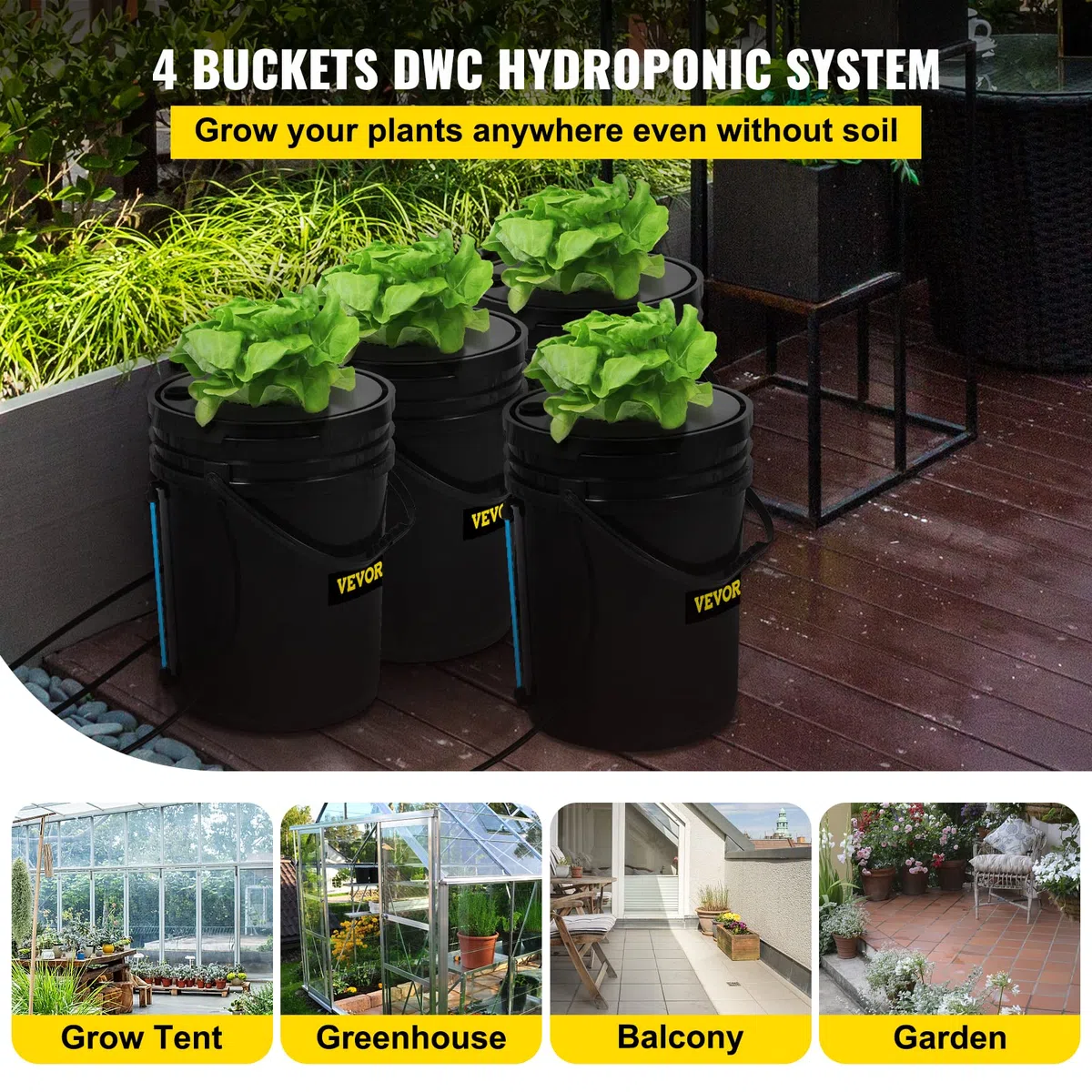 VEVOR DWC Sistema de Cultivo Hidropónico Kit de Cultivo de Agua Profunda de 20 L 4 Cubos con Bomba de Aire Piedras de Aire Dispositivo de Nivel de Agua Sistema Hidropónico DWC para Vegetales de Hoja