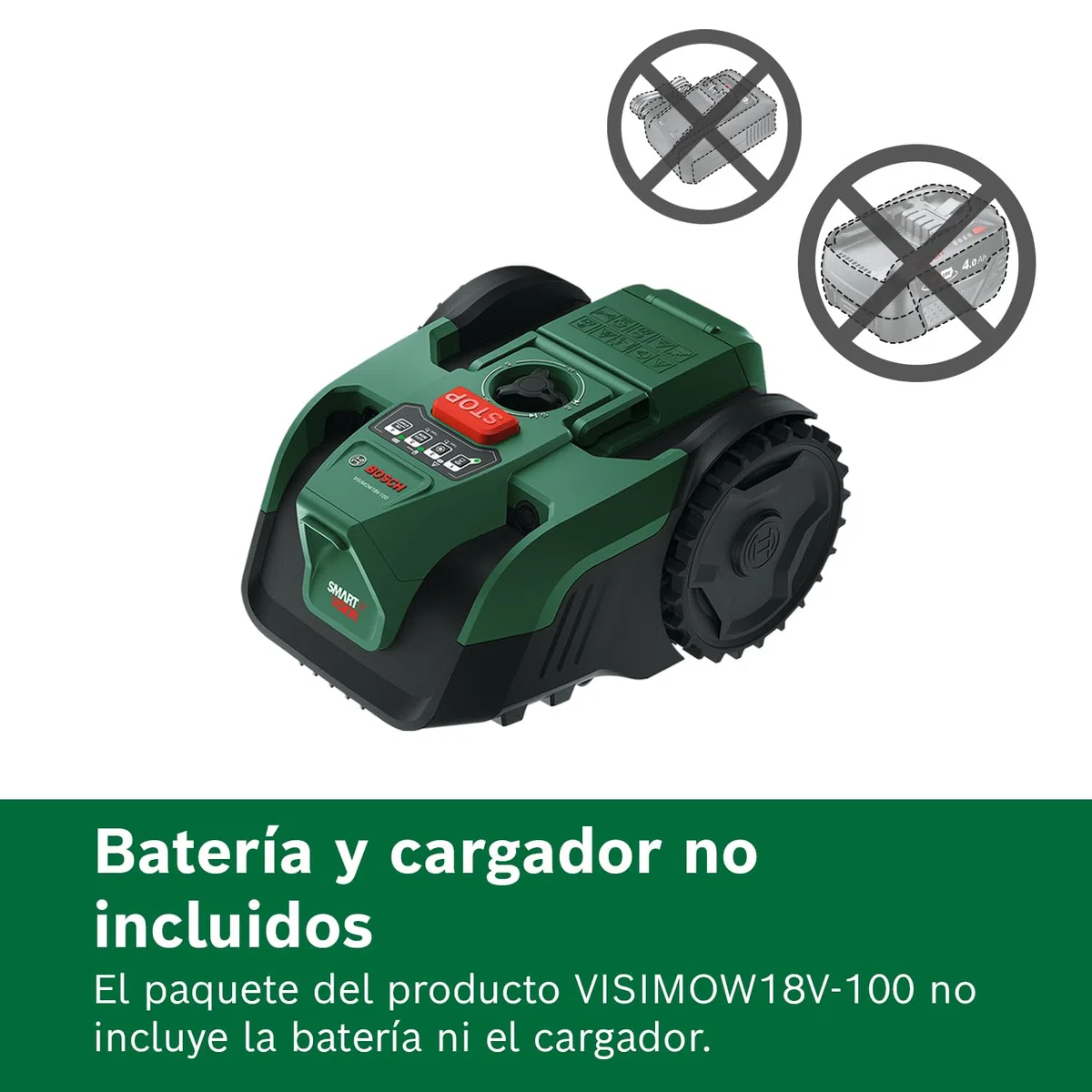 Robot cortacésped a batería VISIMOW18V-100 de Bosch (para césped de hasta 100 m², anchura de corte: 16 cm, altura de corte: 20-60 mm, sin batería)