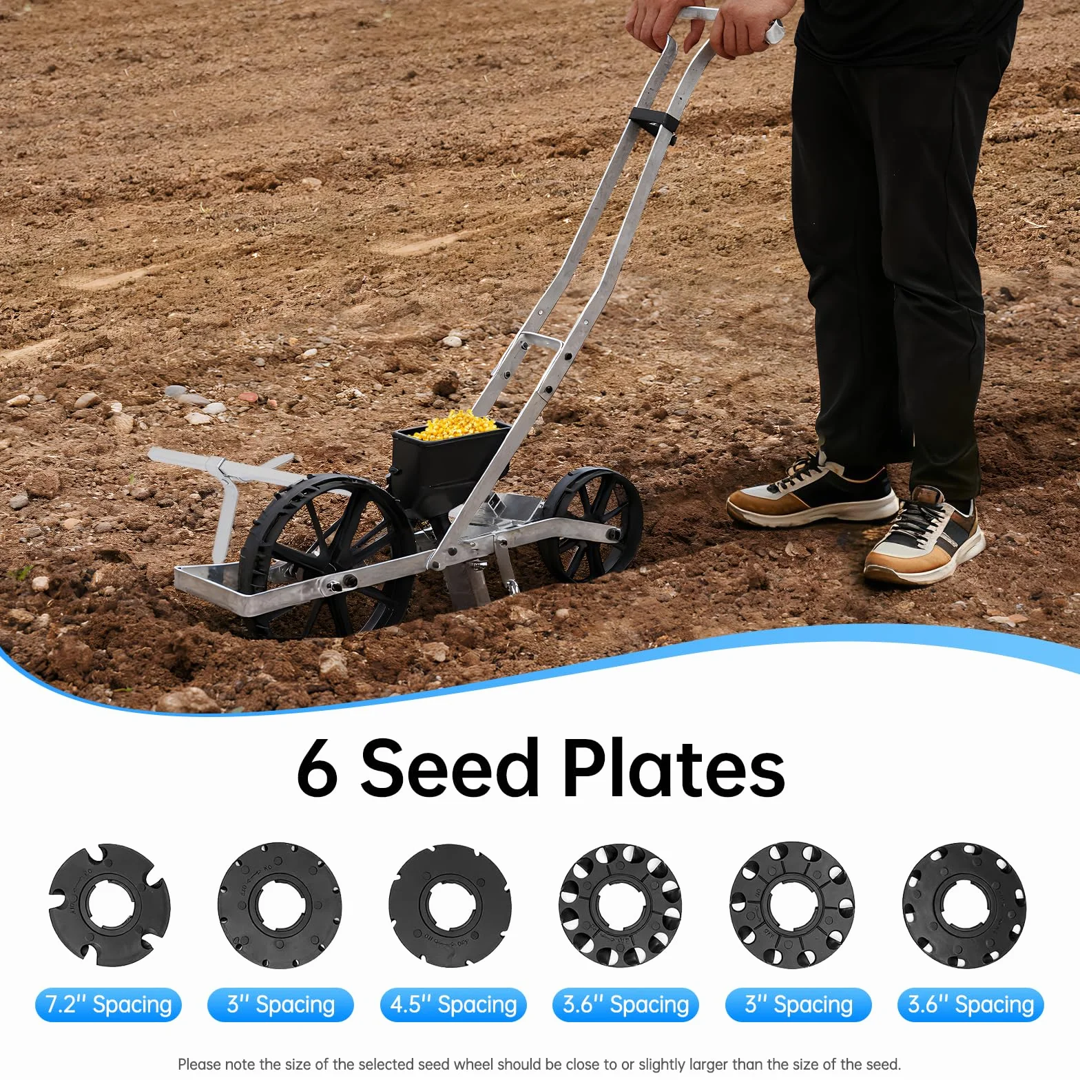 Sembradora de jardín de aluminio, sembradora manual, máquina de perforación de grano único, esparcidor de jardín para semillas como maíz, puerro, espinacas, zanahorias