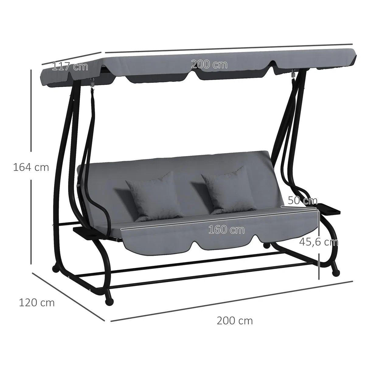 Outsunny 3 Asientos Convertible Jardín Columpio Techo Ajustable Inclinación 2 Estantes Soporte 2L x 1.2l x 1.64H m epoxi Metal Negro Poliéster Gris Oscuro