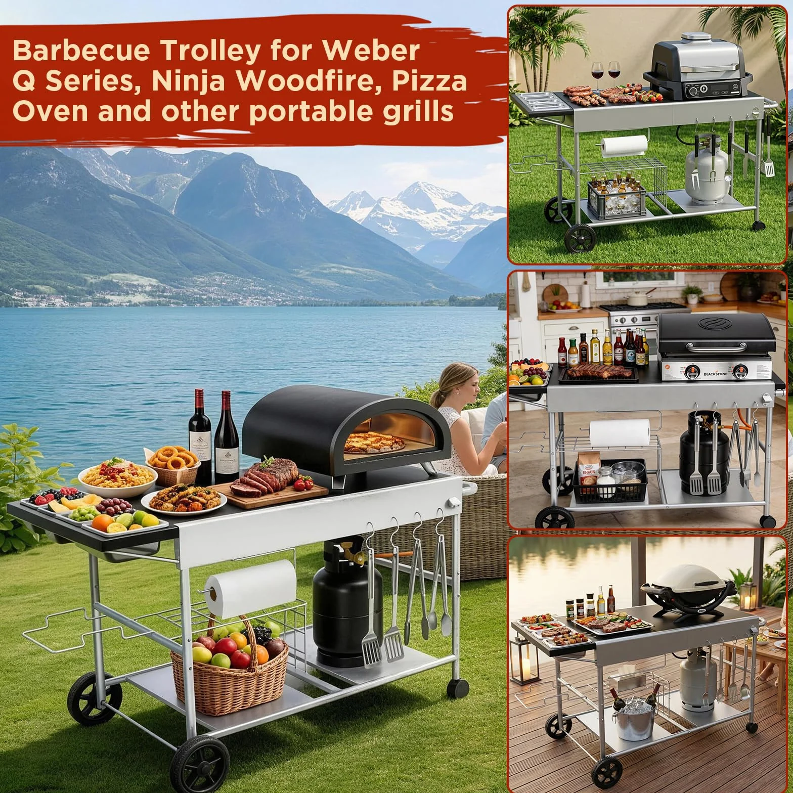 Denmay 128 x 66 x 78 cm carro de barbacoa para Weber Q Serie, Ninja Woodfire, horno de pizza, parrilla de mesa, horno para pizza, carrito de servir con gran superficie de trabajo, mesa de barbacoa al