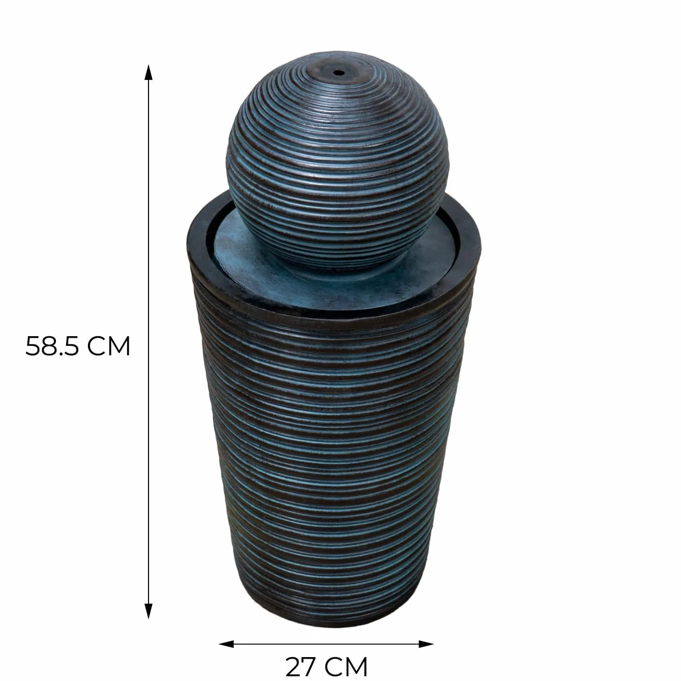Fuente de Agua con Energía Solar de pie Bola Gris | 27x 27x 58,5 cm | Resina resistente a Intemperie | Estaca p/fijación | Panel Solar y Batería de Respaldo de hasta 6 hs | Cable de alimentación 7m