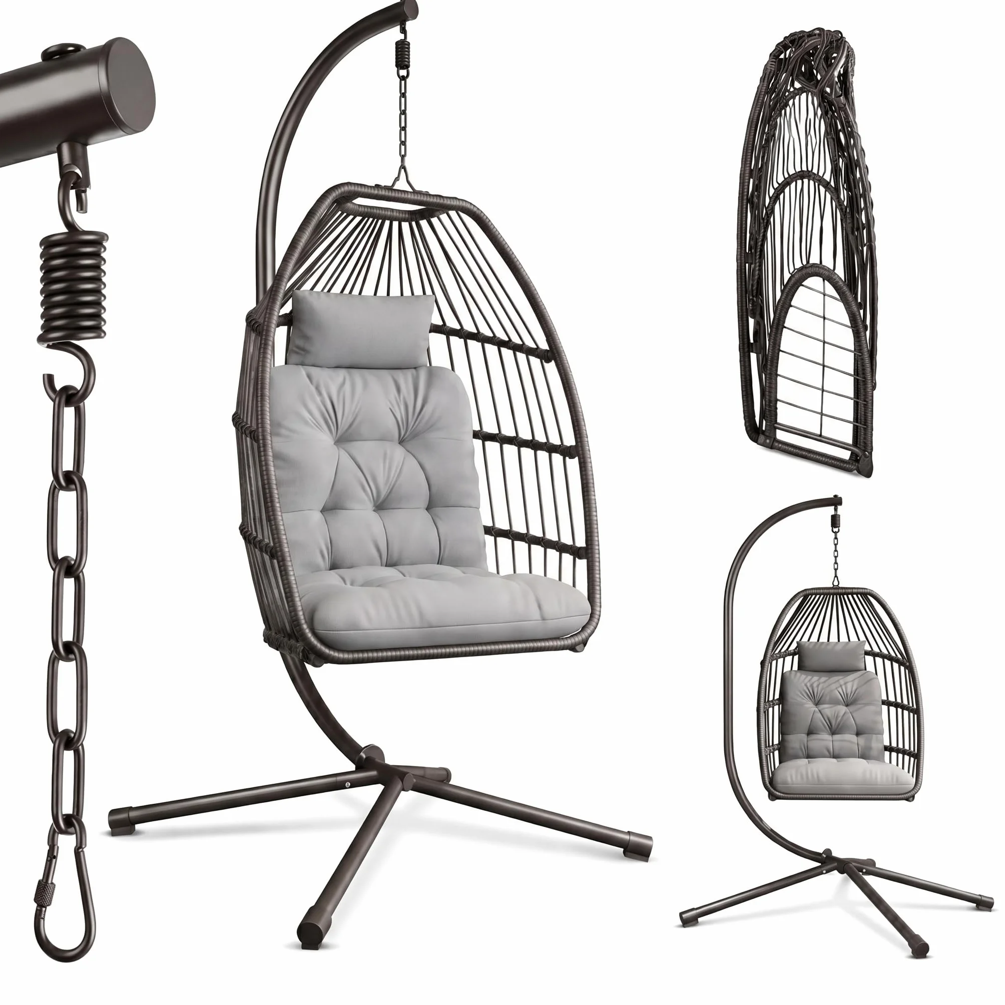 Xbro Silla Colgante de Exterior, Silla Colgante Huevo con Estructura de Acero y 4 Pies en Base, Columpio Jardin Exterior/Interior, Plegable, Capacidad 160Kg - Gris