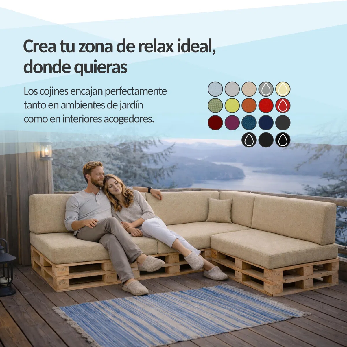 POKAR Set de 2 Cojines para Palets Impermeable | 1x Asiento 120x80 + 1x Respaldo 120x40 para Sofá de Jardín | Fundas Desenfundables | Ideal para Europalés | Fabricado en UE | Oeko-Tex | Beige