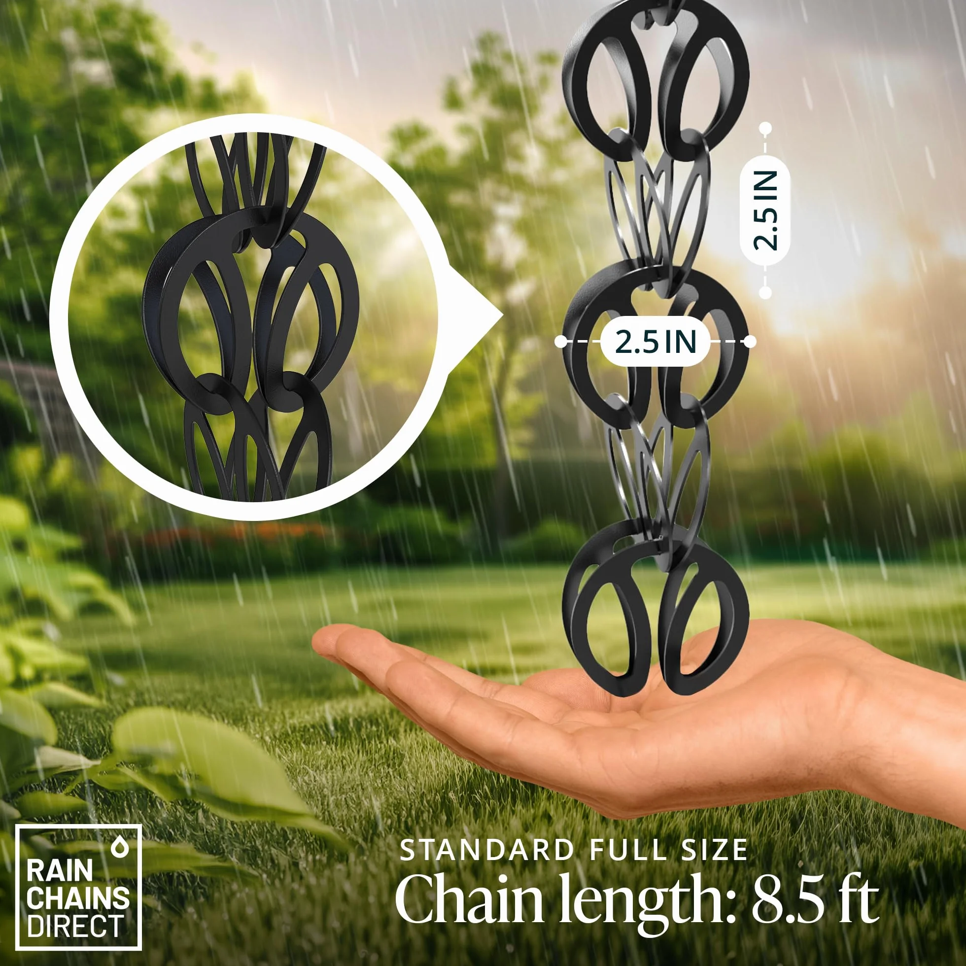 Rain Chains Direct Modern Loop, 8.5 pies de Longitud, Aluminio, Recubrimiento en Polvo Negro, reemplazo Funcional y Decorativo para bajantes de canalón