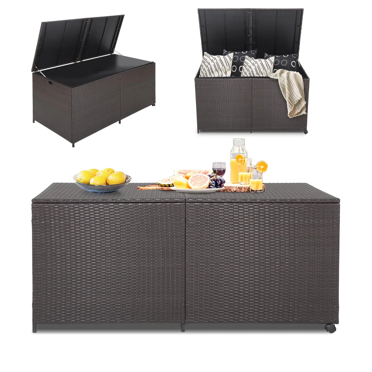 KOMFOTTEU Caja de Almacenamiento de 662 L con Tapa, Baúl de Jardín de Ratán con 2 Ruedas, Arcon Exterior con Asas para Balcón, Terraza, Patio, 150 x 77 x 73 cm