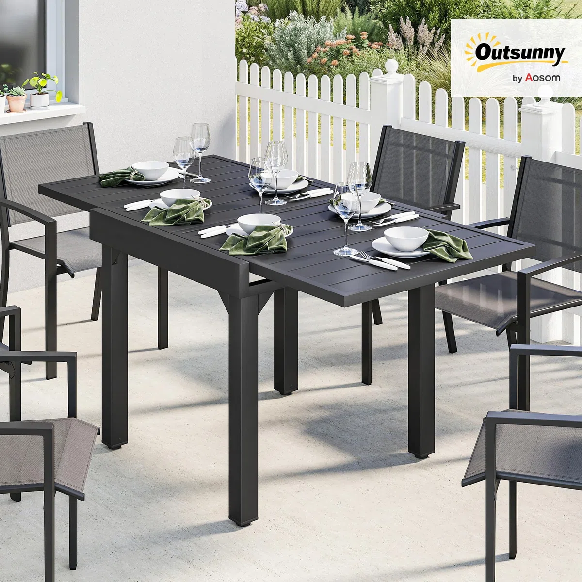 Outsunny Mesa de Jardín Extensible, Mesa de Comedor Exterior Extensible 80/160x80 cm, de Aluminio, con Superficie de Lamas, Carga 70 kg, Mesita Rectangular para 4-6 Personas, para Patio Terraza, Negro