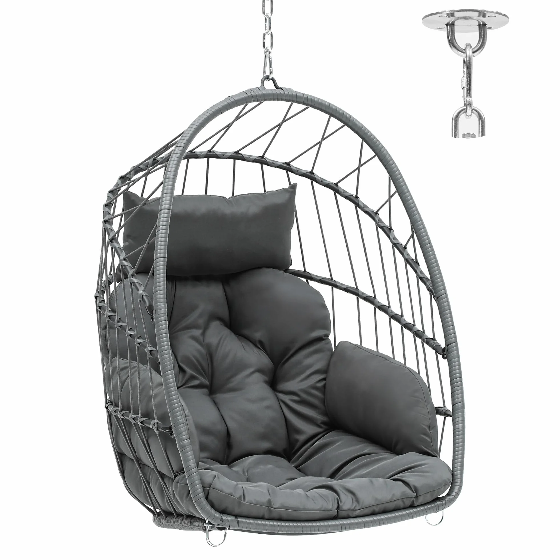YITAHOME Silla Columpio Carga Máx. 150kg Silla Colgante de Forma Huevo con 2 Cojines, Estructura de Mimbre Resistente, 74x72x105cm Silla Colgante con Cadena y Gancho para Patio, Jardín, Interior, Gris