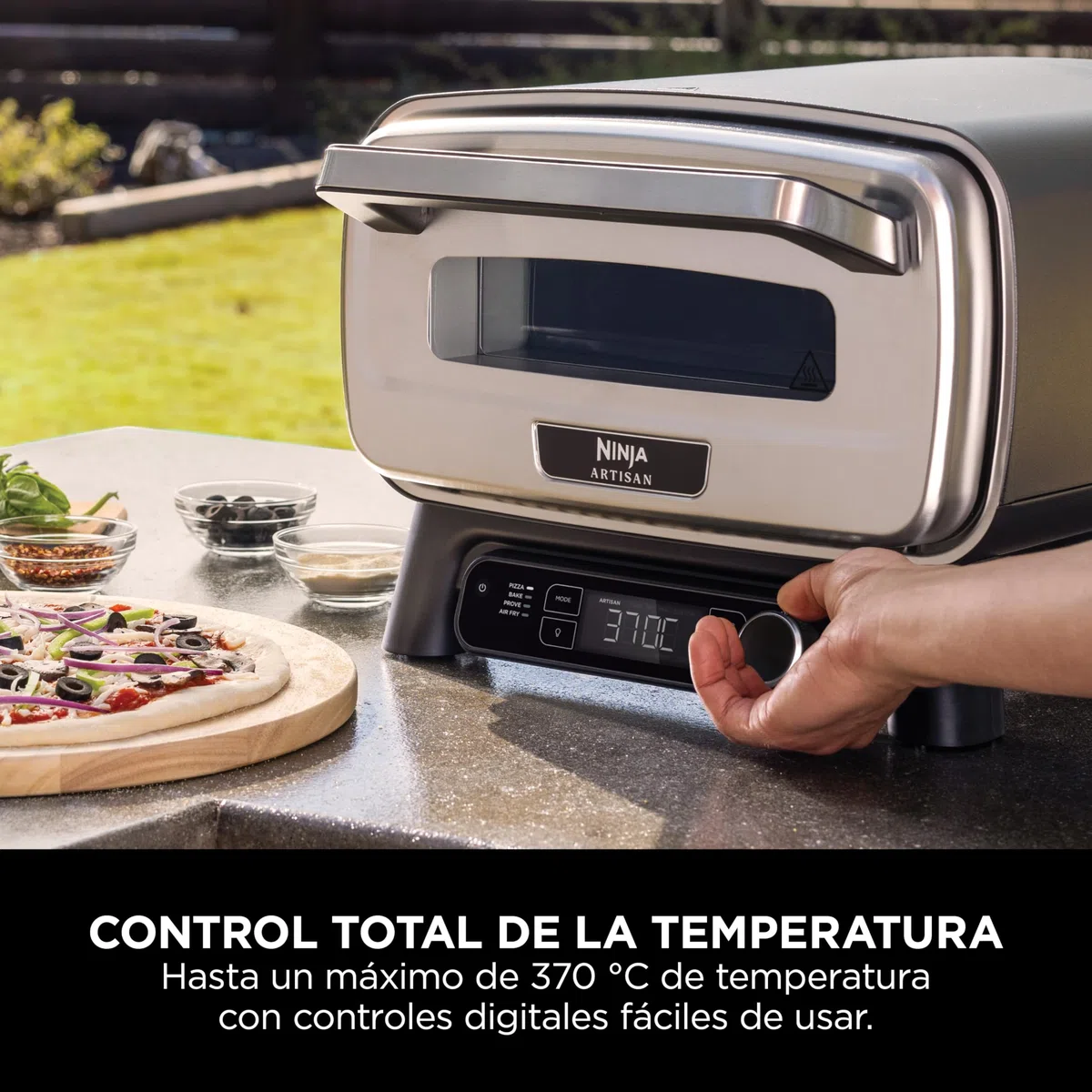 Ninja Artisan Horno air fry y pizza de exterior, 4 funciones: Pizza, Freír con aire, Hornear, Fermentar, 5 ajustes de pizza, Piedra de 30 cm, Pala, Bandeja, Cesta para freír con aire, Gris MO201EU