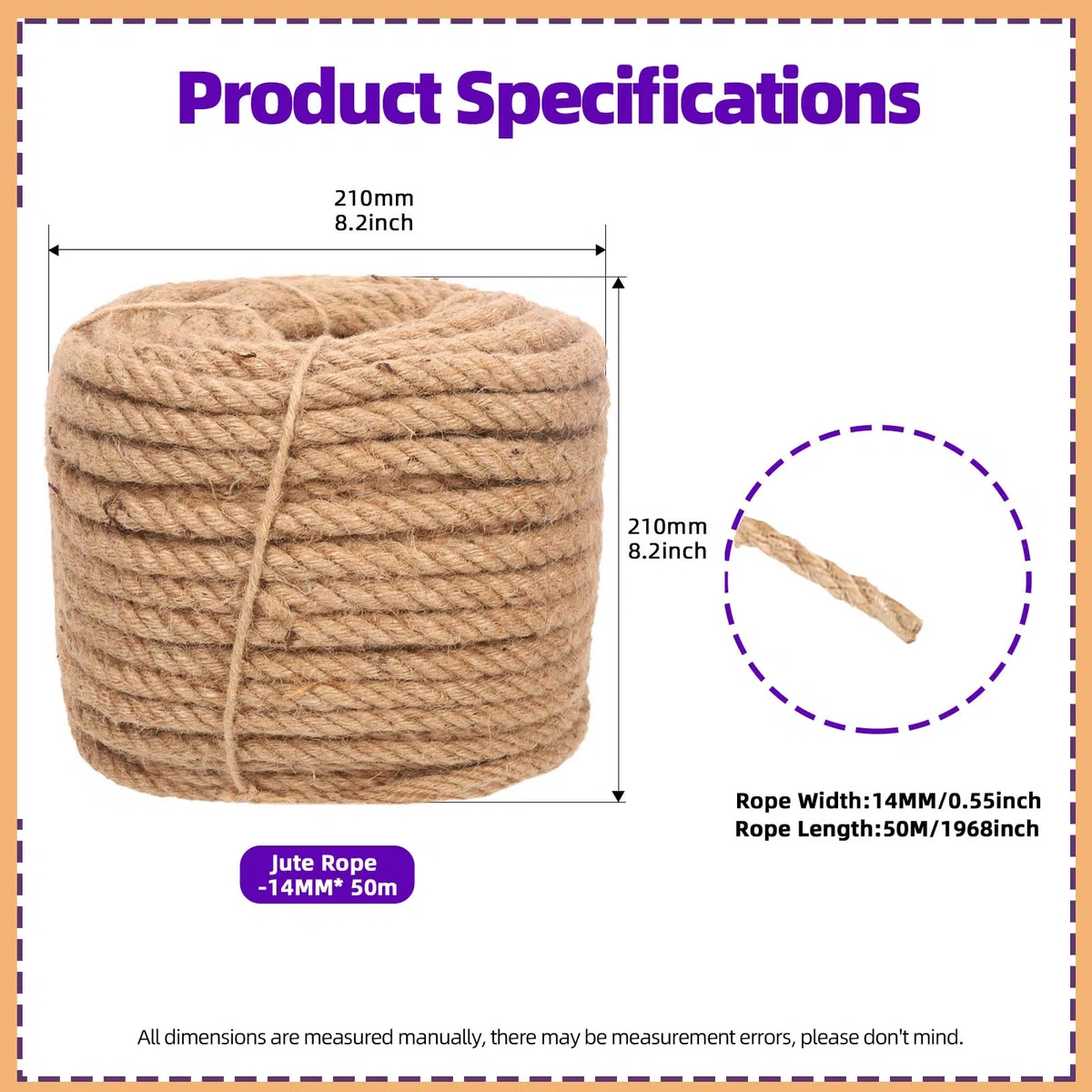 Swpeet Cuerda de yute natural trenzada de 14 mmx164 pies, cuerda de yute larga, embalaje de jardinería, ganchillo, perfecto para manualidades, regalo, envoltura, embalaje