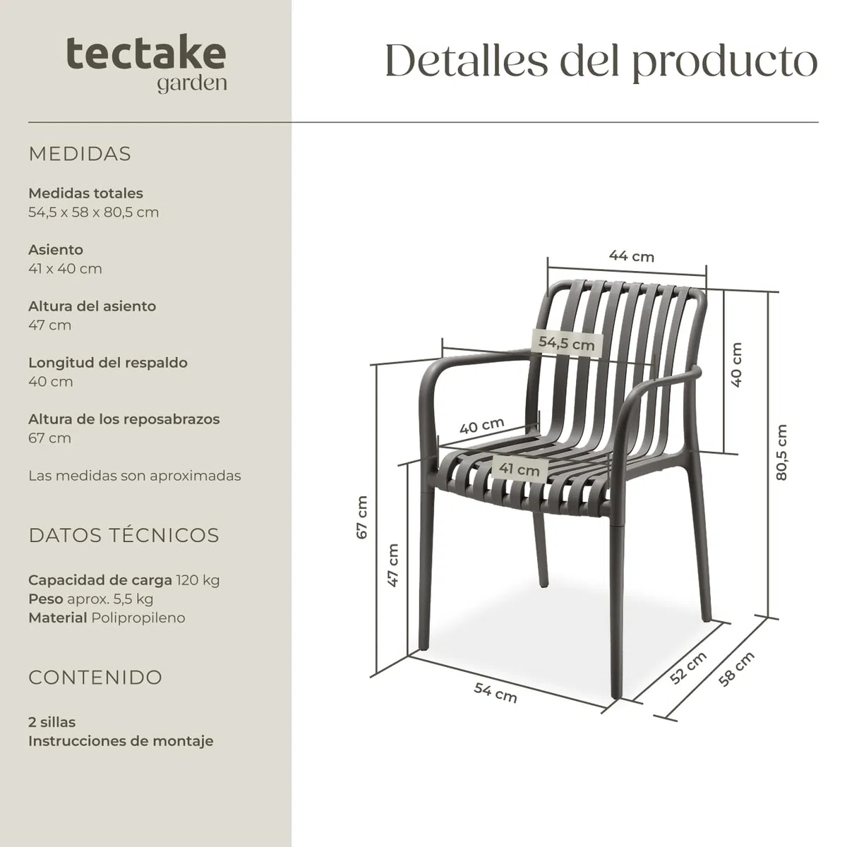 tectake® Sillas Terraza Exterior Apilables, Plástico Resistente, Antideslizante, Fácil de Montar, Muebles Resistentes, Sillas Jardin Exterior - Set de 2 con Reposabrazos Antracita