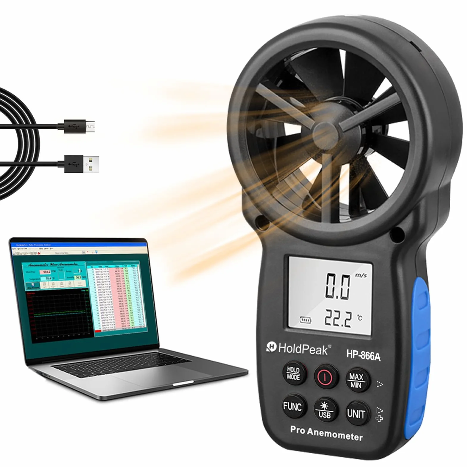 HoldPeak Anémomètre Digital Portable 866A, Anémomètre VMC m3/h avec Mémorisation Des Données, Mesure Débit et Vitesse Du Vent d'air et Humidité, Exportation via USB