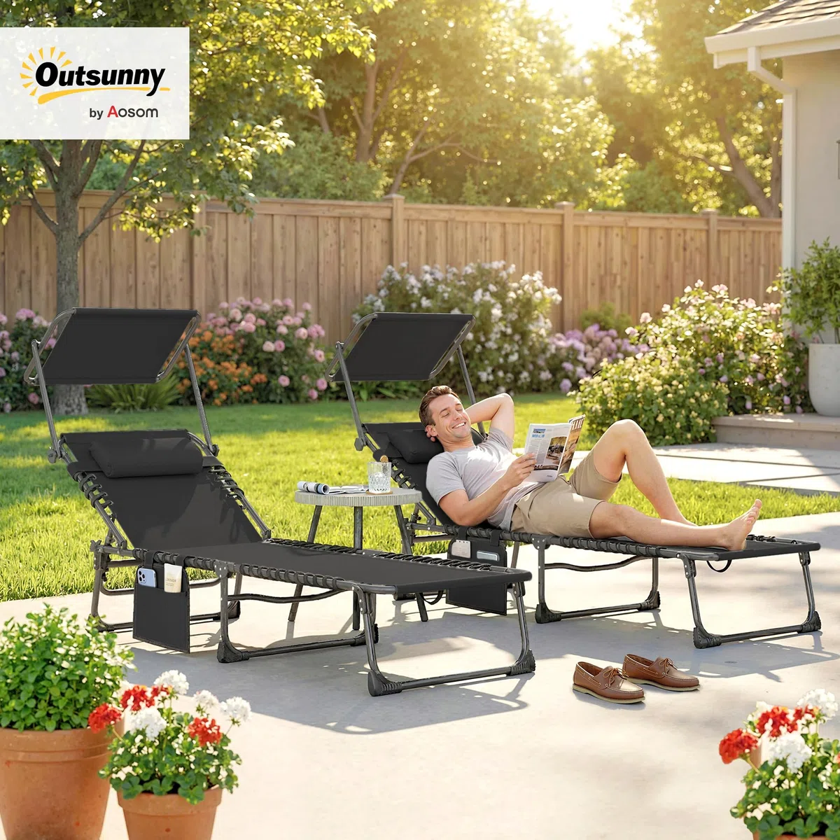 Outsunny Set de 2 Tumbonas Jardín Exterior, Tumbonas Plegables con Reposacabezas, Parasol y Bolsillo Lateral, Respaldo Reclinable 5 Posiciones y Asiento Malla Transpirable para Playa, Piscina, Negro