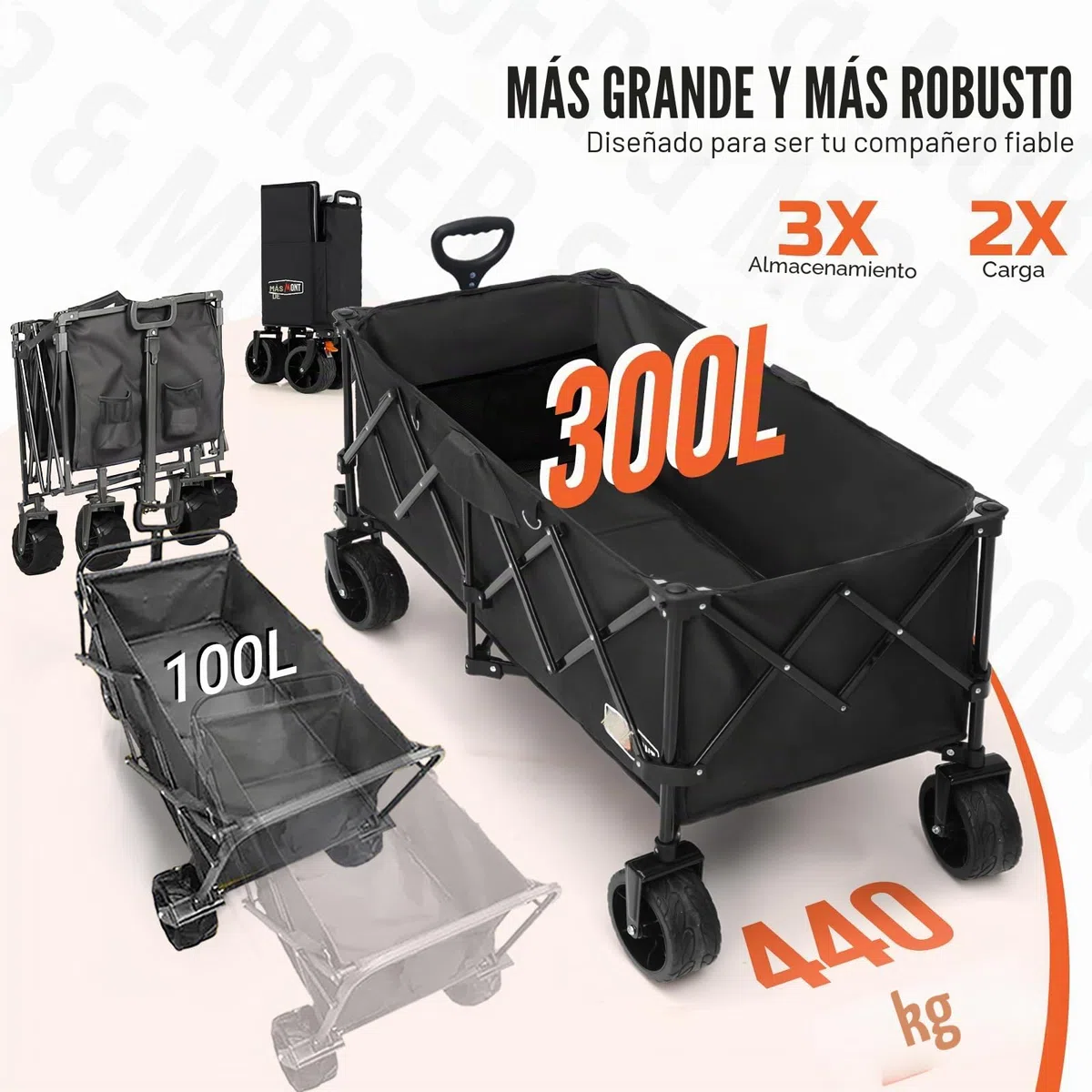 Overmont Carro Playa Plegable - 114CM Carrito Camping Plegable Extendido con Frenos - 250L 200KG Carro de Transporte con Ruedas Grandes Todo Terreno - Carro Portátil para Jardín Compras al Aire Libre