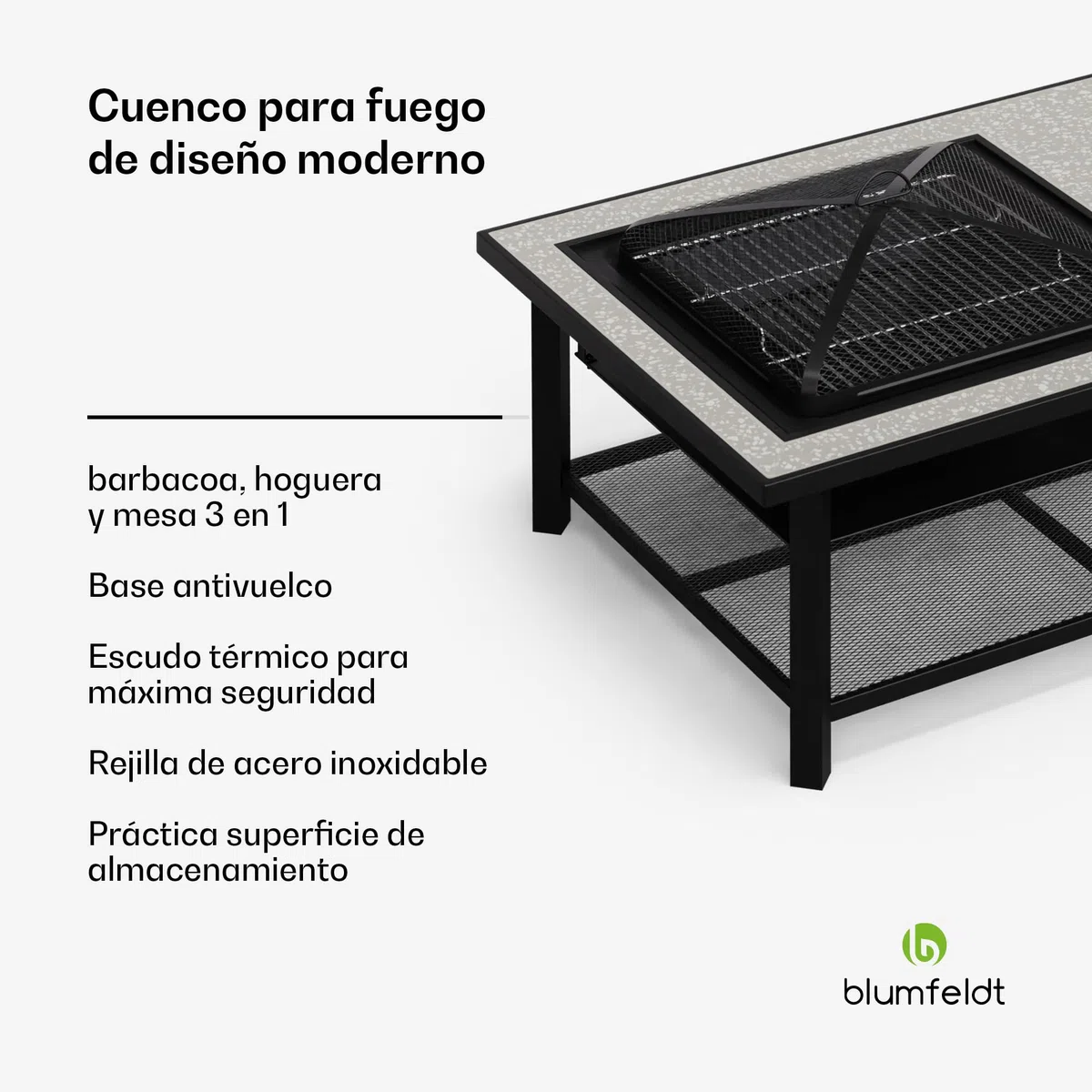 Blumfeldt Merano Avanzato L Brasero Exterior - 3 en 1 Hoguera, Barbacoa & Mesa, Estructura de Acero, Tablero de Terrazo, Incluye Parrilla, Atizador & Protector Antichispas, Ideal para Jardín & Patio