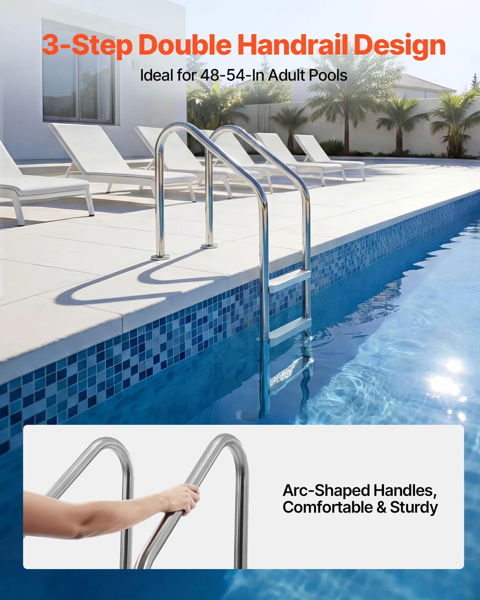 VEVOR Escalera para Piscina de 3 Peldaños Anchos hasta 120 kg, Escalera de Seguridad Antideslizante de Acero Inoxidable con Pasamanos Ergonómicos para Piscinas Enterradas y Elevadas de 121,9-137,2 cm