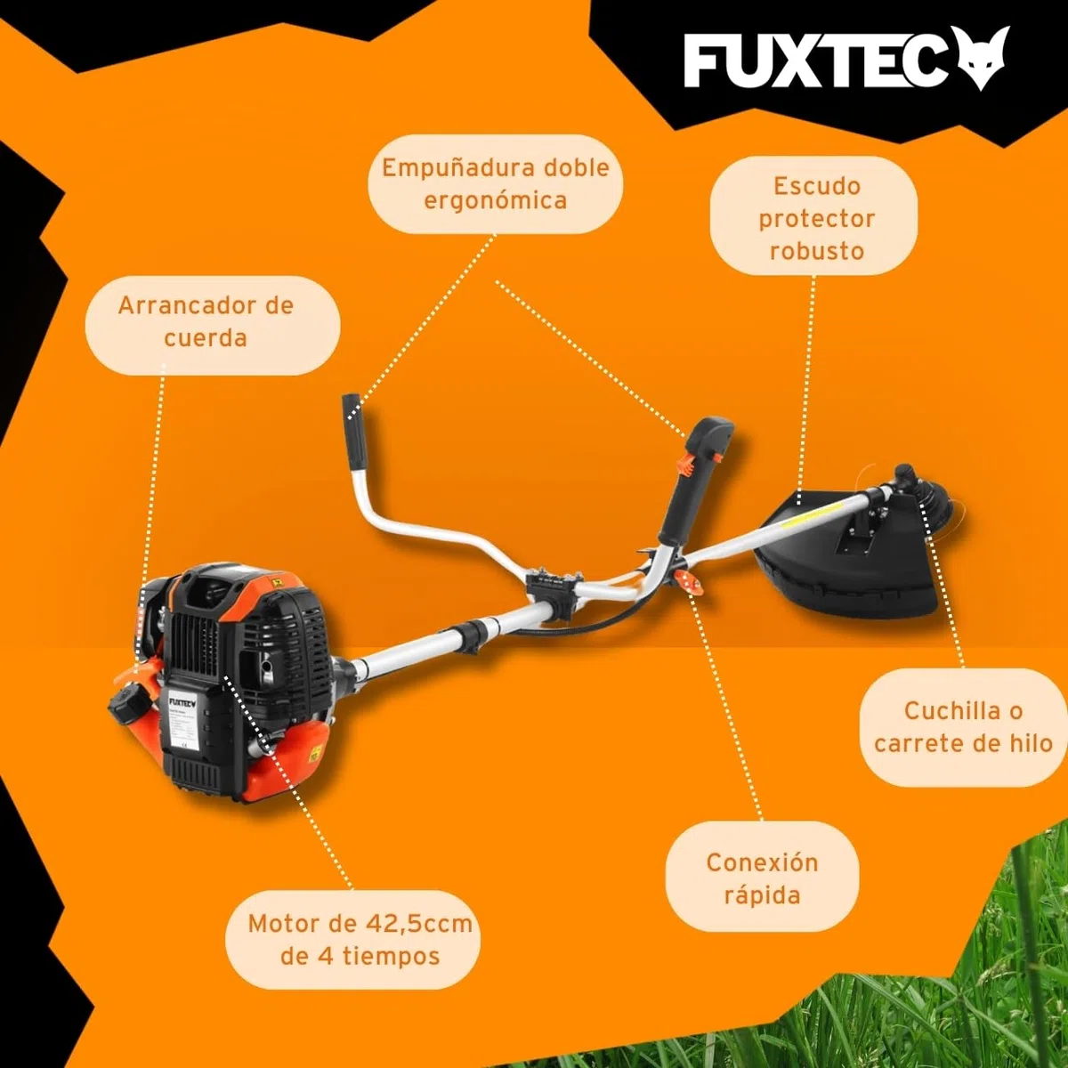 Desbrozadora Gasolina Fuxtec FX-4MS142-42,5cc, Multiherramienta 2 en 1 y Motor de 4 Tiempos - Cómodo Cortasetos, Correa, Cuchilla de 3 Dientes y Carrete de Doble Hilo incluidos