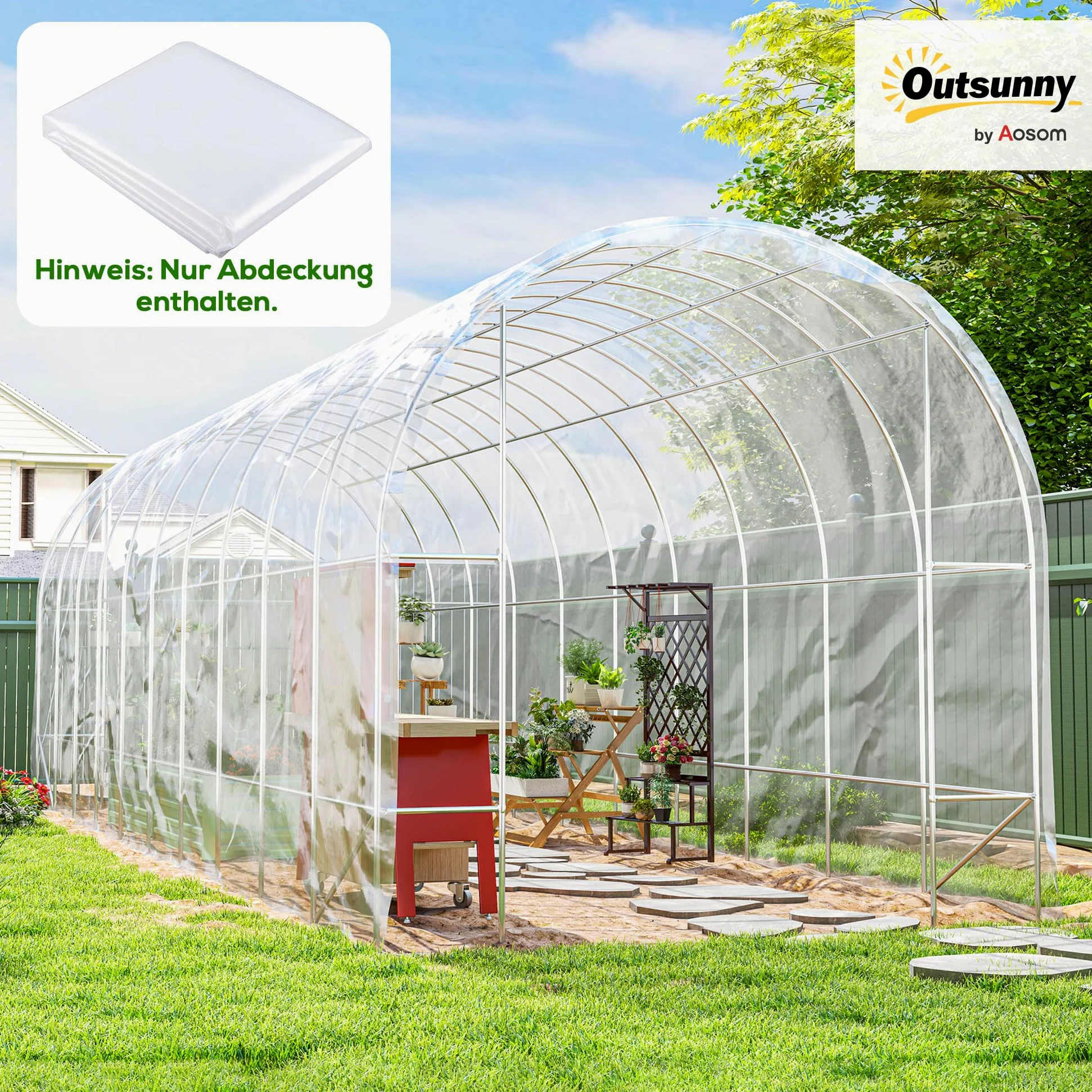 Outsunny lámina para invernadero 8x10 m lámina impermeable para jardín con protección UV, lámina de plástico extra gruesa resistente al desgarro, lona de cubierta para túnel de lámina para