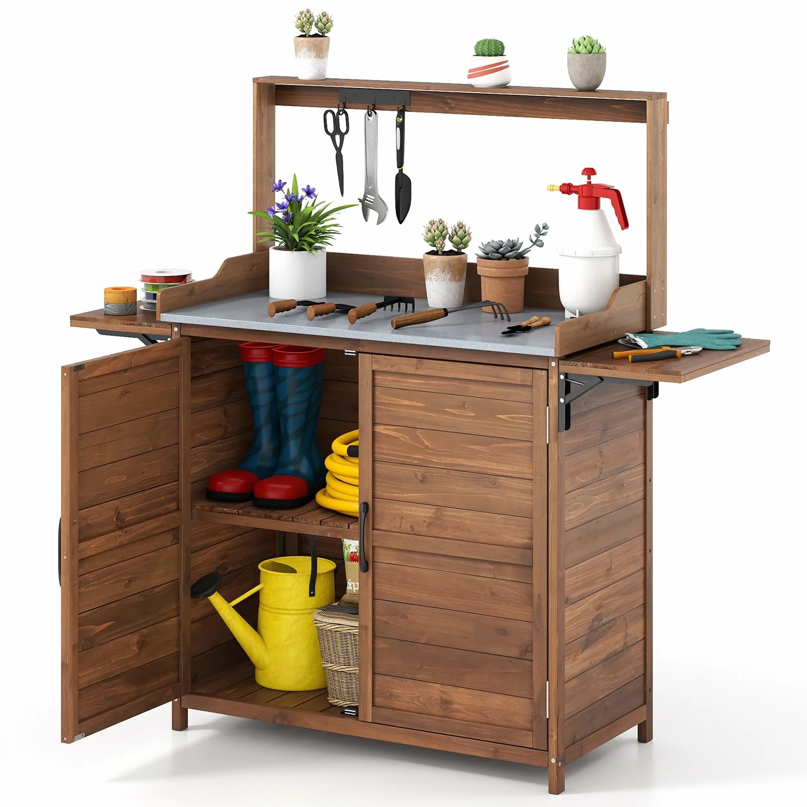 COSTWAY Mesa de Trabajo para Exteriores, Mesa de Jardinería de Madera con Tablero Metálico, Armario, Estantes Laterales Plegables, Estante Ajustable, Banco de Trabajo para Jardinería y Plantación