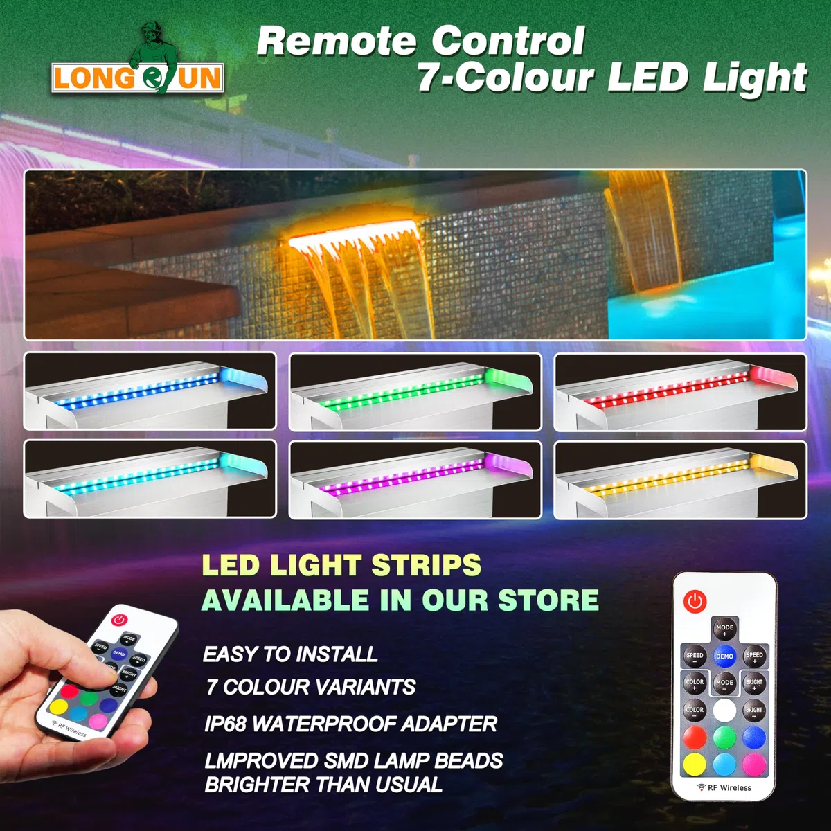 LONGRUN Kit de Cascada de Piscina de 90 cm, Fuente de Estanque de Acero Inoxidable 304, con luz LED RGB, Ancho 15 cm