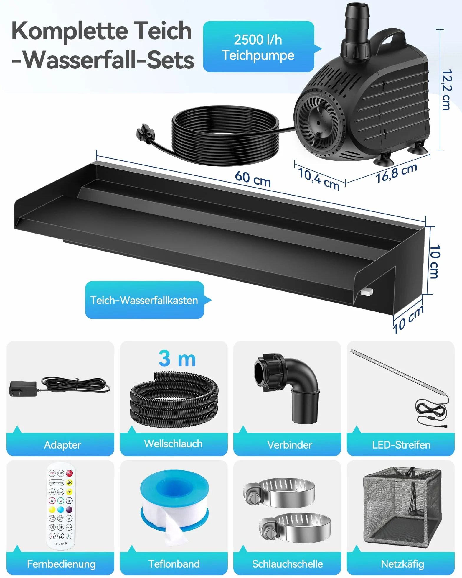 POPOSOAP Kit de Cascada para Estanque, Desagüe de Acero Inoxidable 60cm, Bomba de Agua 4500 L/h, Luces LED con Mando a Distancia y Tubo Corrugado 3m, Adecuado para Estanques Exteriores hasta 12 m²