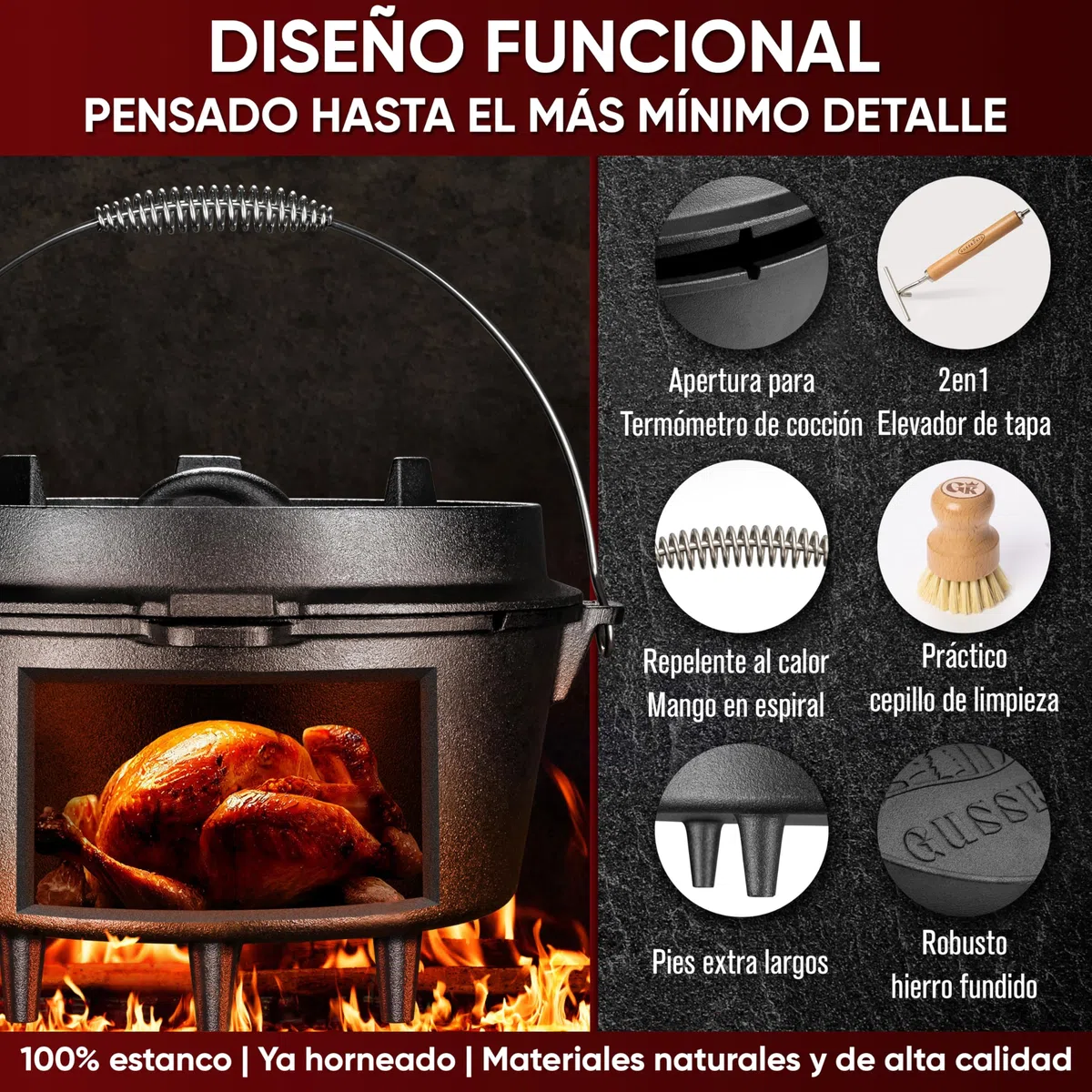GUSSKÖNIG Olla de Hierro Fundido 9L – Cocotte con Pies para Cocción Lenta – Doble Función: Asado y Guisos – Incluye Levantador de Tapa 2 en 1, Cepillo y Recetario (4-7 Personas)